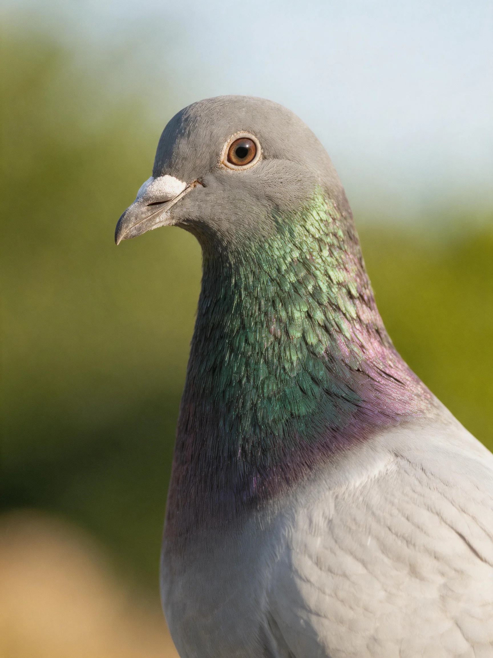 A close - up of a gray pigeon with iridescent green and purple neck feathers
