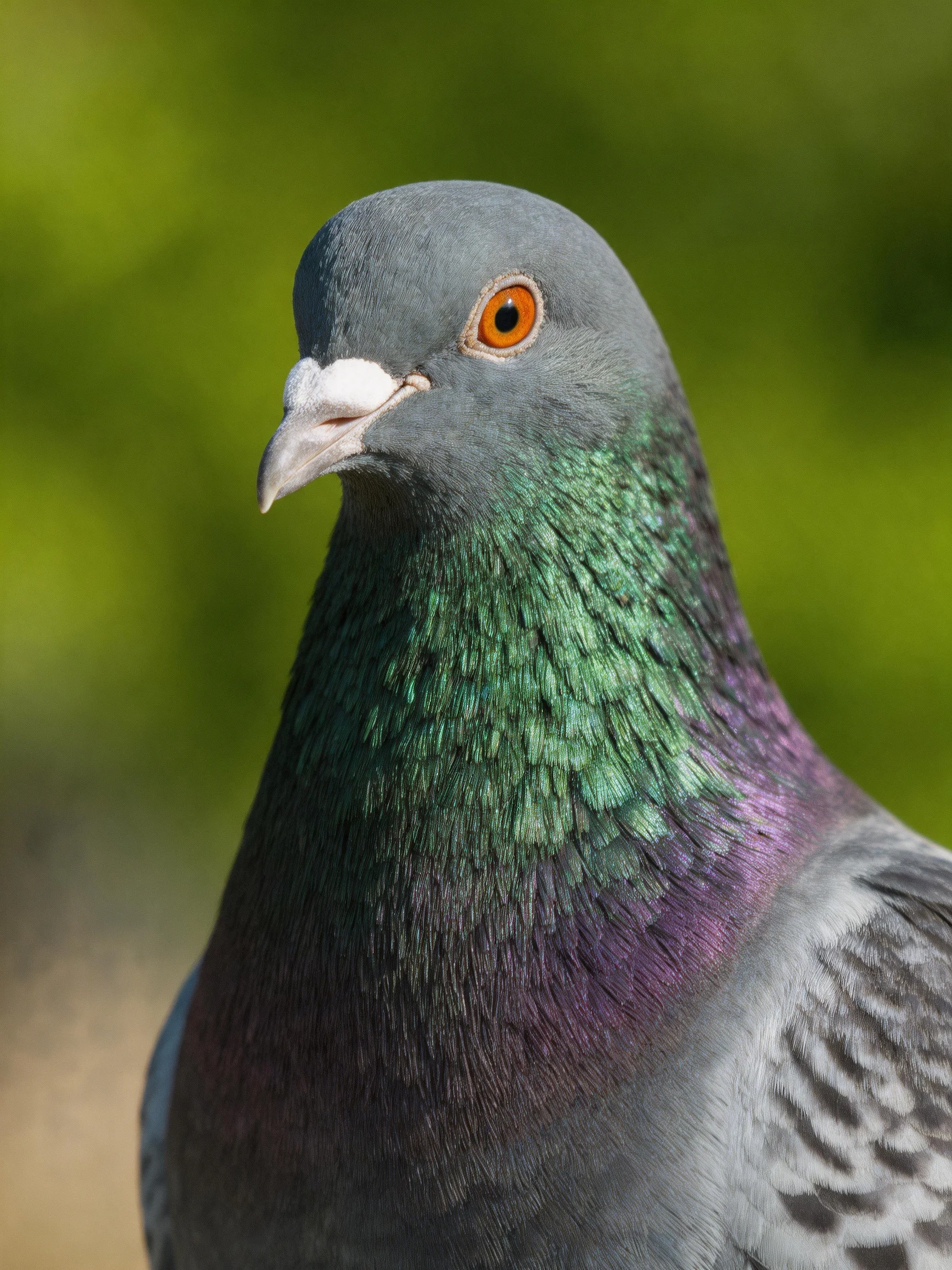 A close - up of a gray pigeon with iridescent green and purple plumage