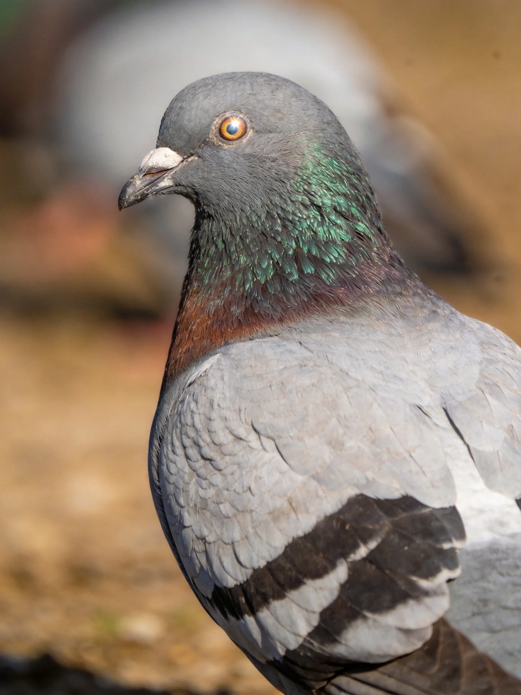 A close - up of a gray pigeon with iridescent green neck feathers
