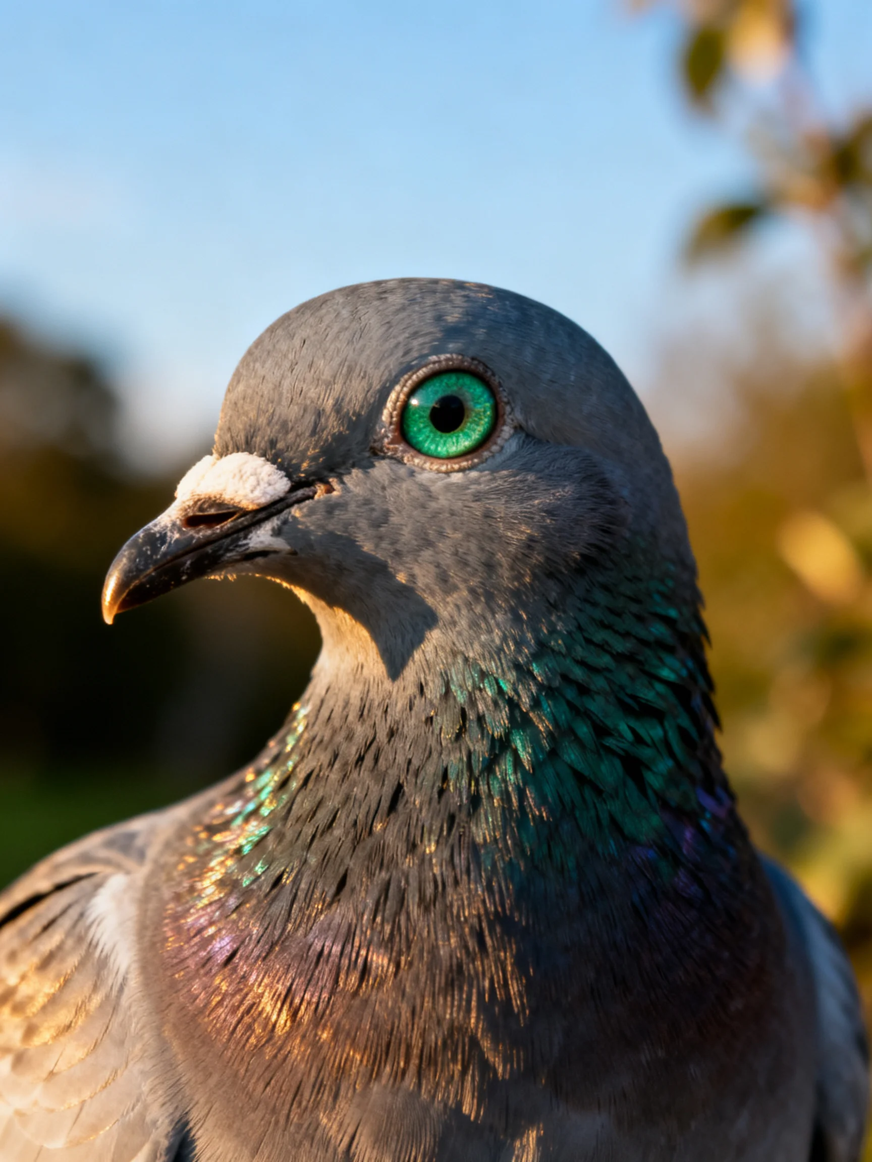 A close - up of a gray pigeon with iridescent neck feathers and a bright green eye