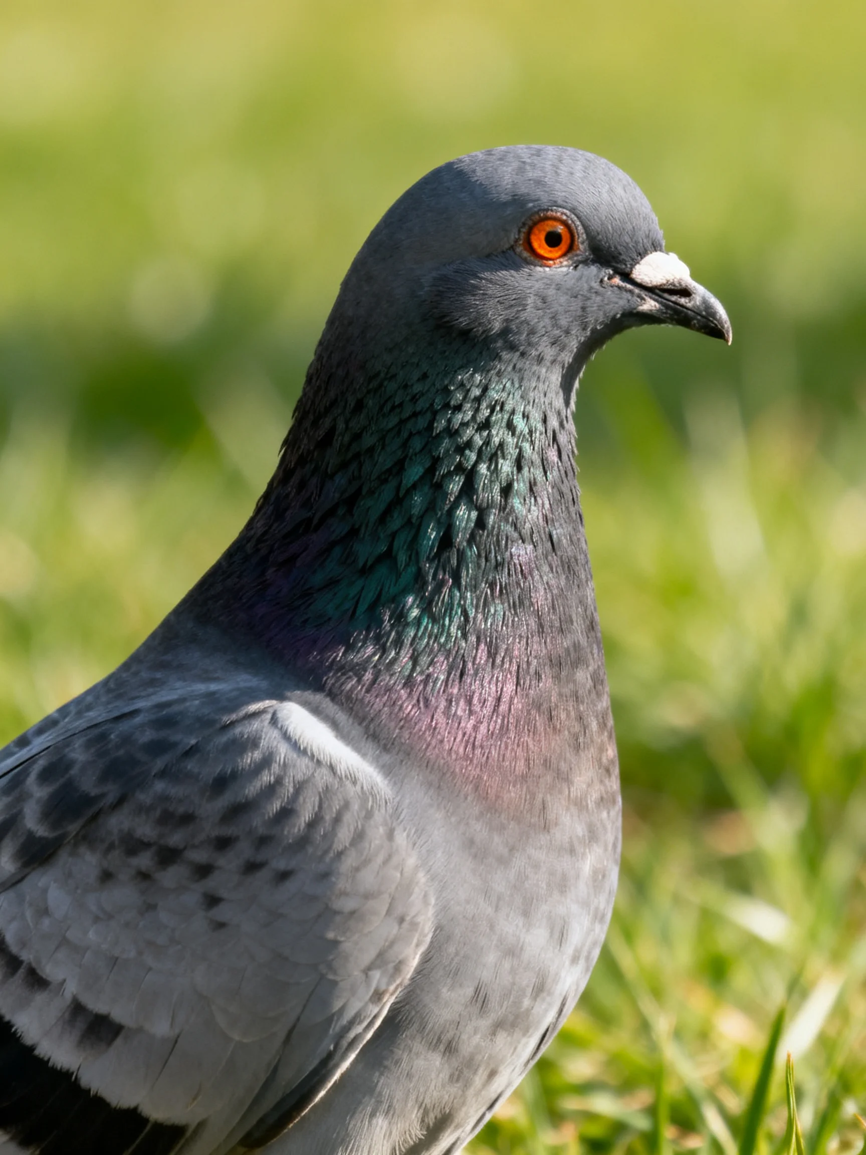 A close - up of a gray pigeon with iridescent neck feathers