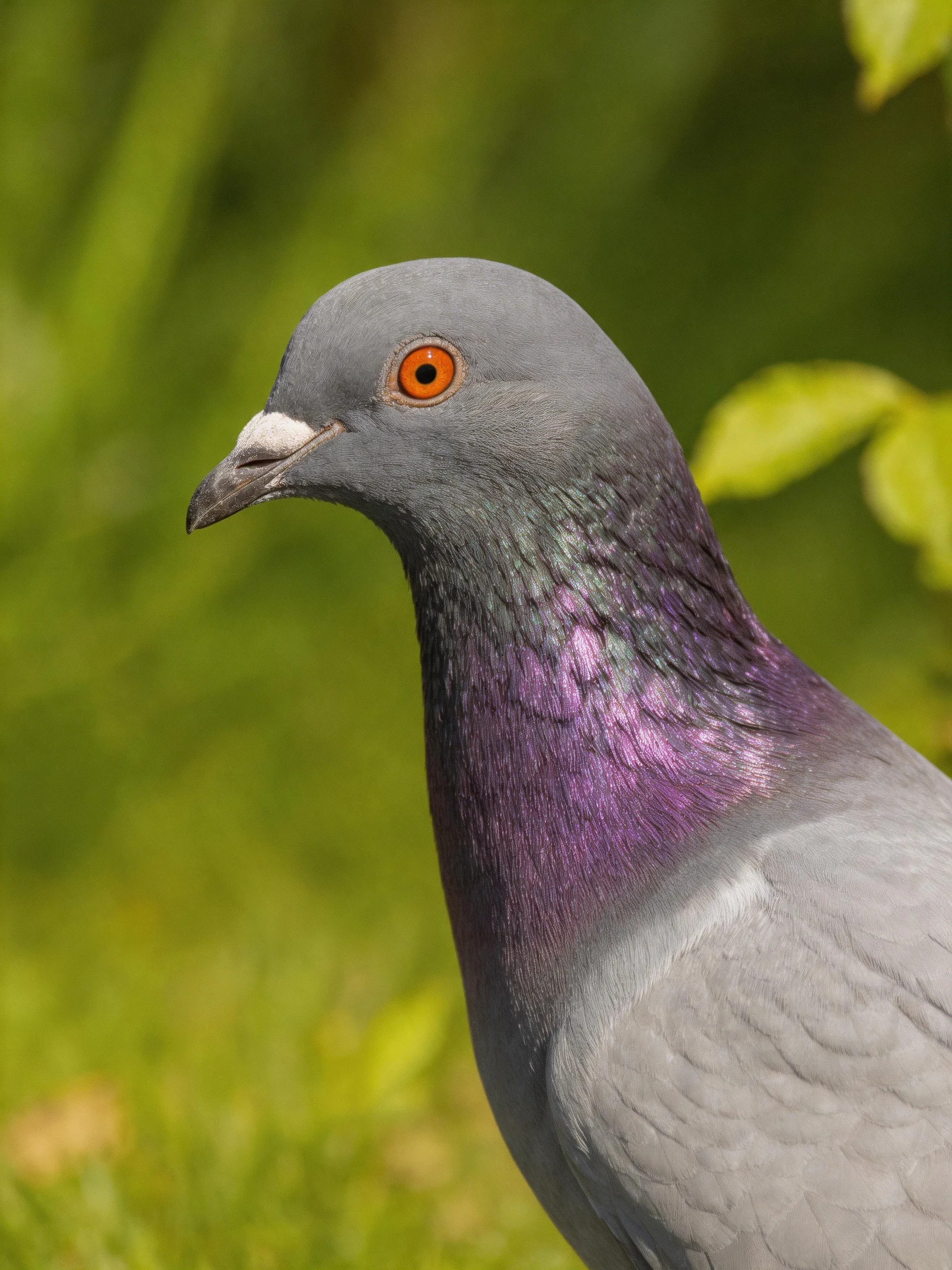 A close - up of a gray pigeon with iridescent purple neck and bright orange eye