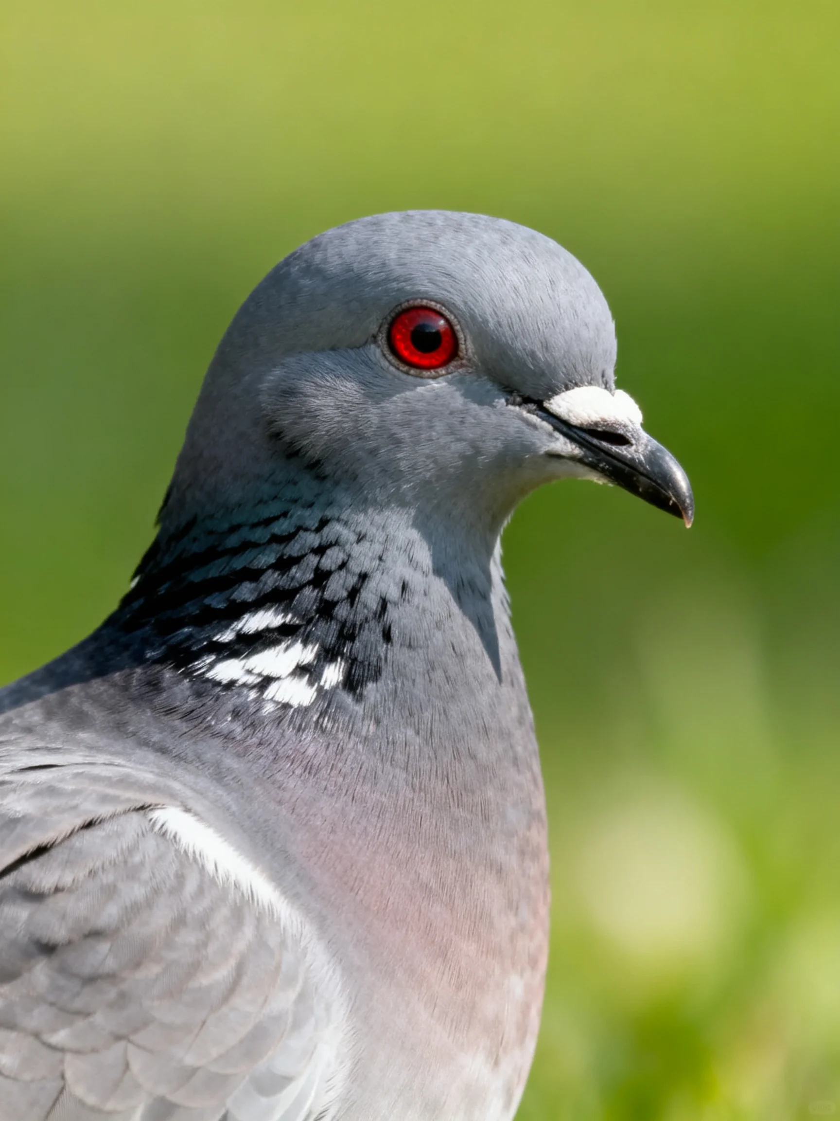 A close - up of a gray pigeon with vibrant red eyes