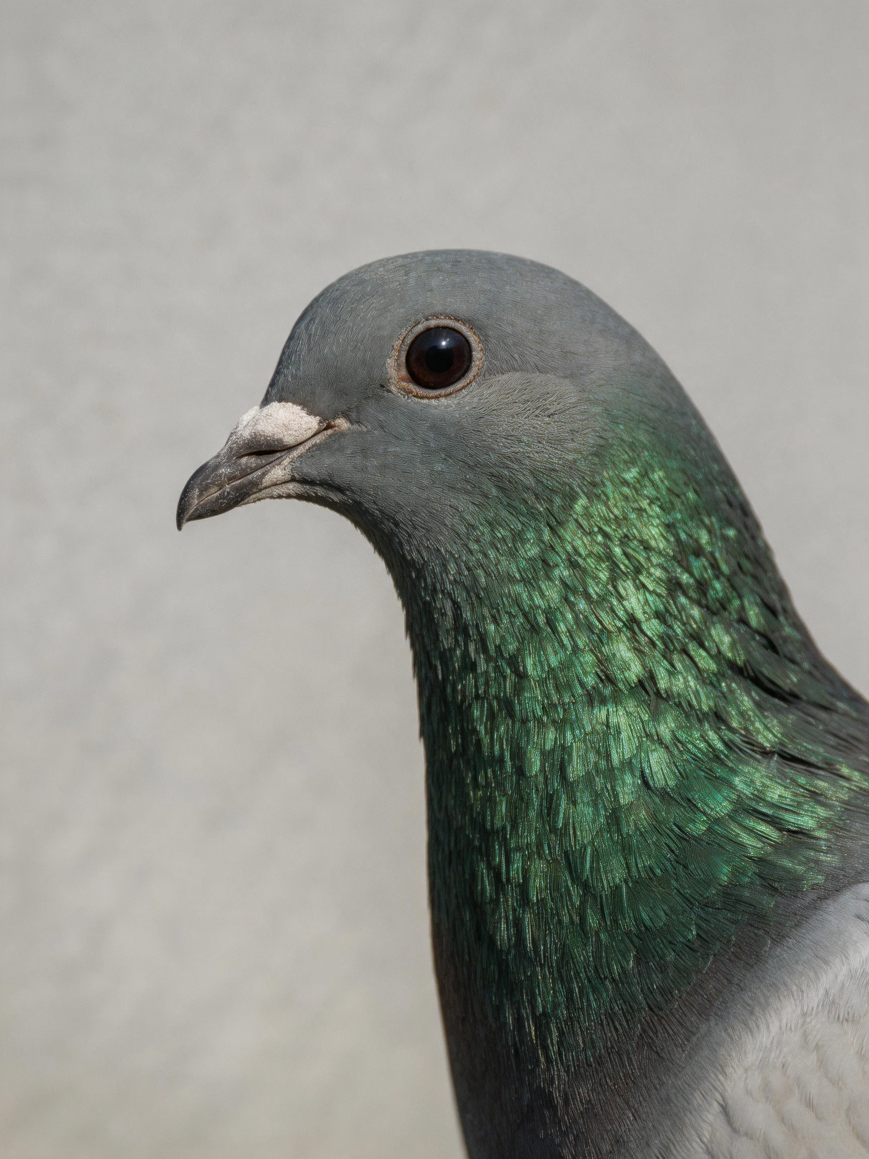 A pigeon with a gray head and vibrant green neck is shown up close.