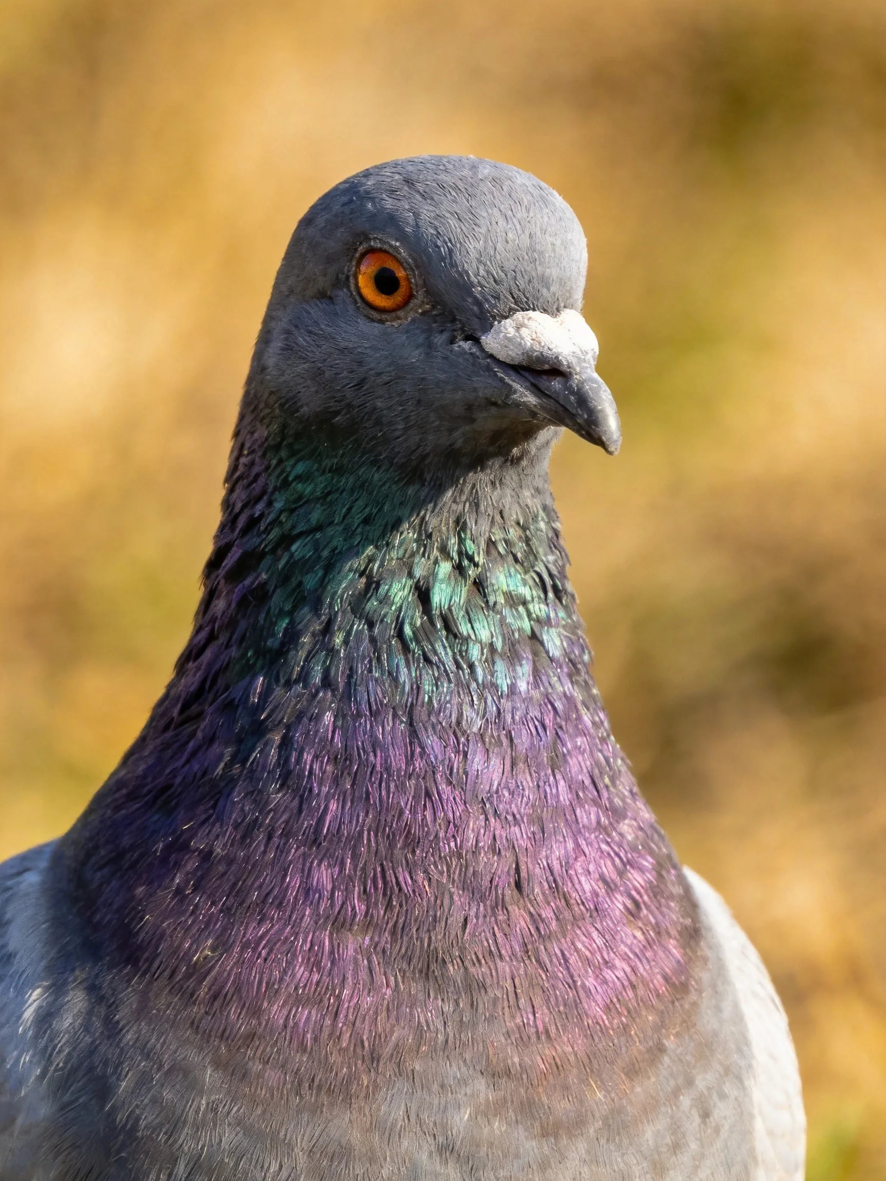 A close - up of a pigeon with gray head and iridescent purple - green neck