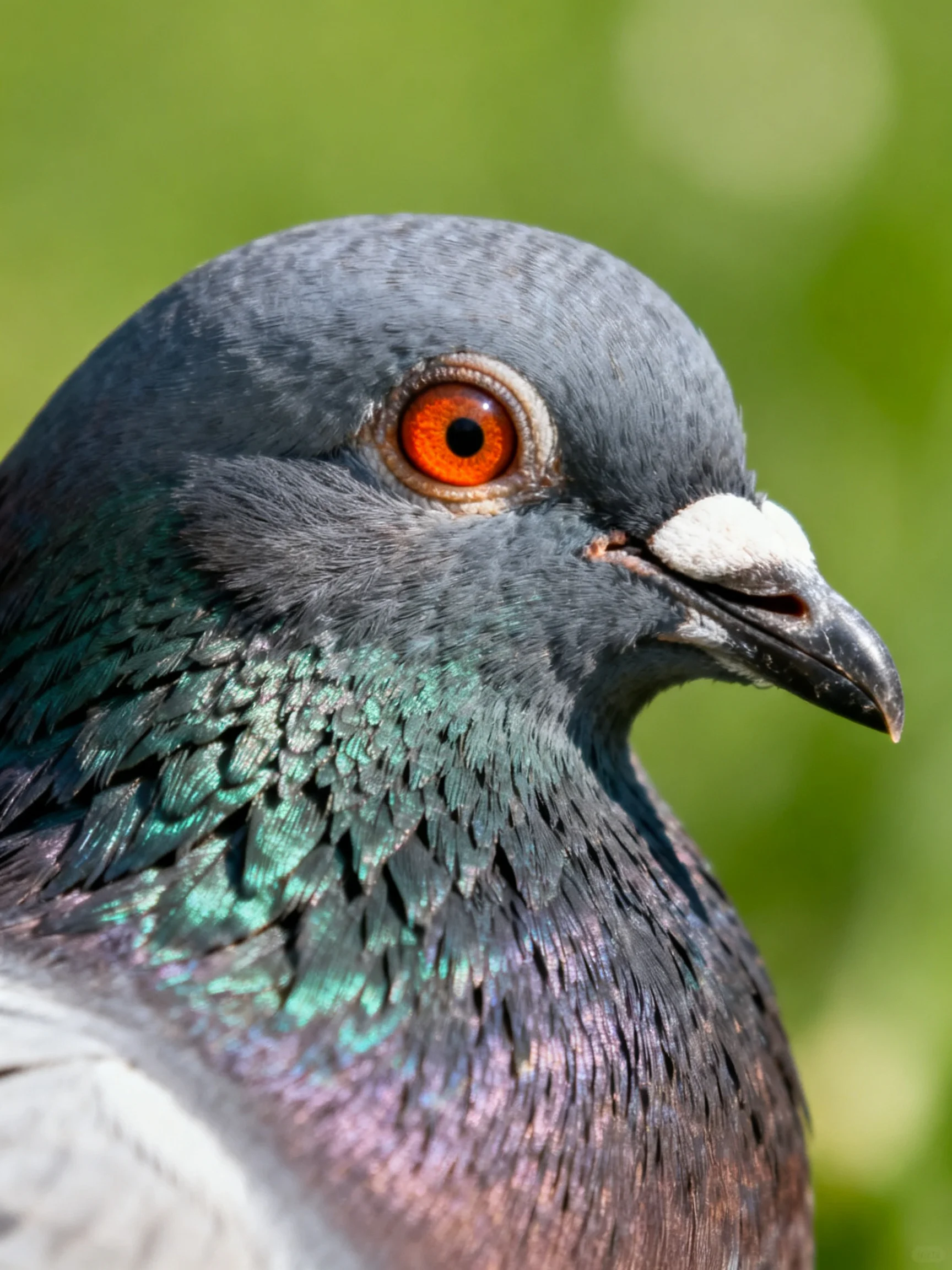 A close - up of a pigeon with vibrant plumage and an orange eye.