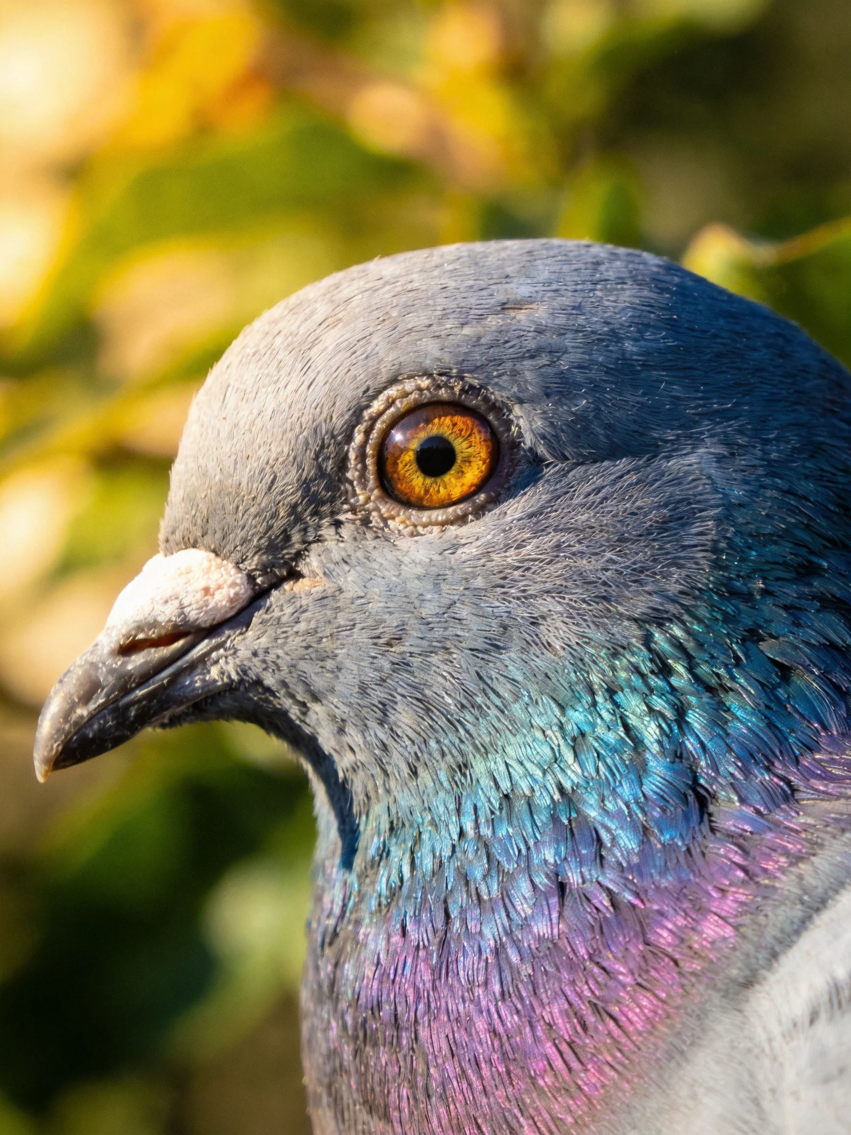 A close - up of a pigeon with iridescent blue and purple neck feathers