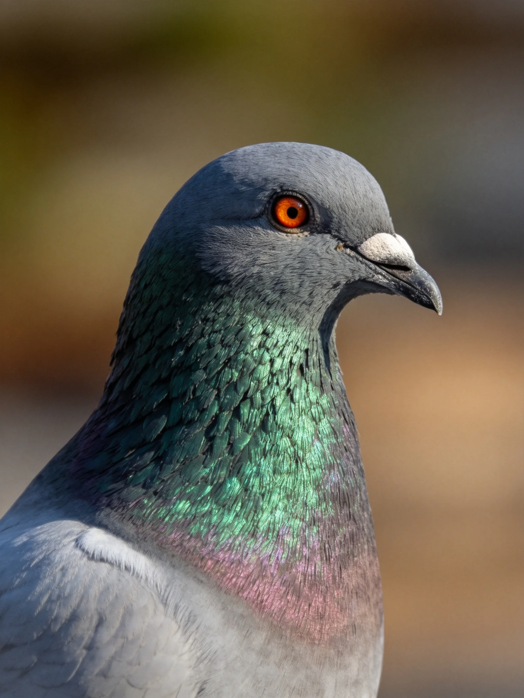 A close - up of a pigeon with colorful feathers against a blurred background