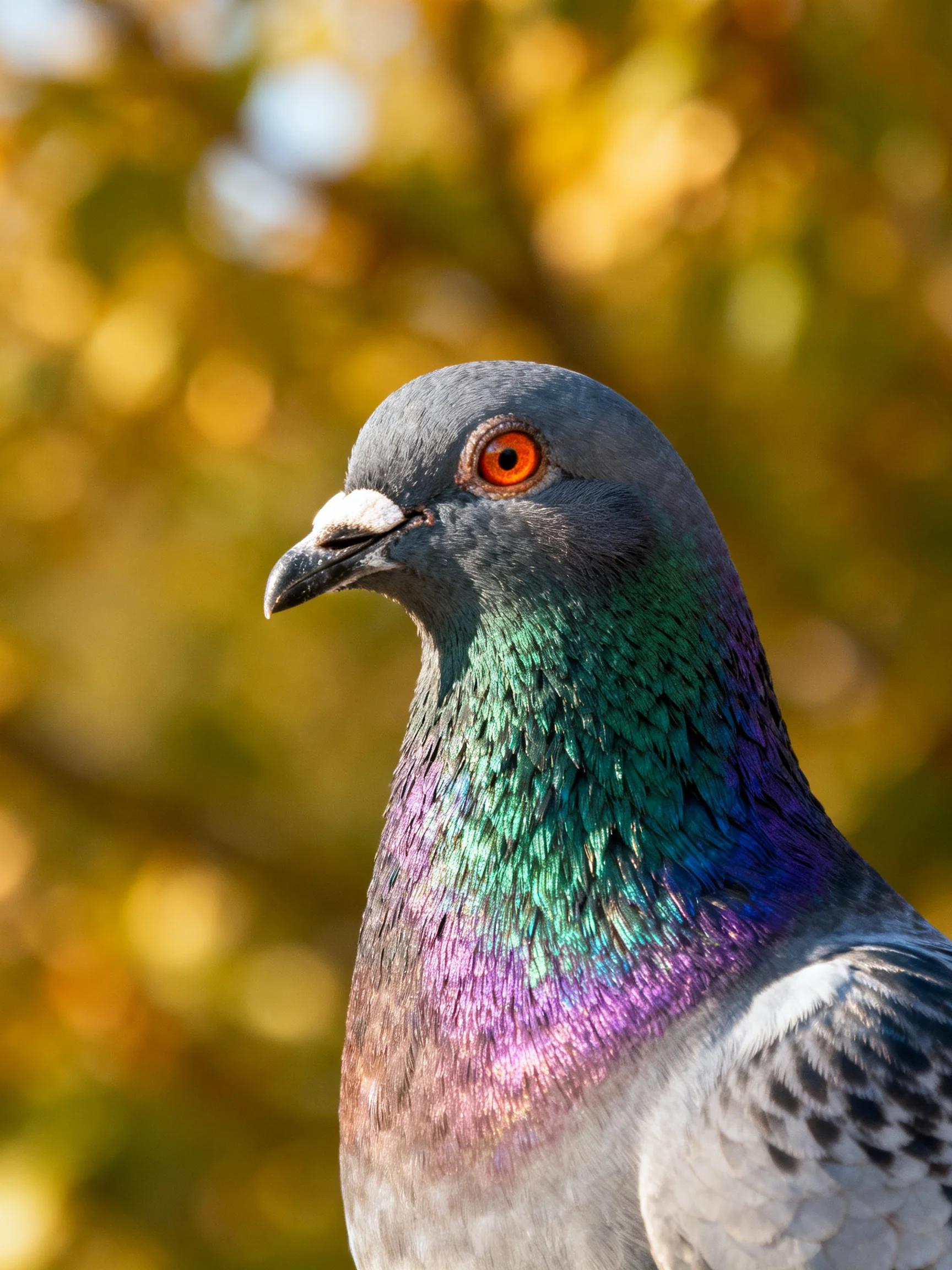 A close - up of a pigeon with iridescent green and purple neck feathers