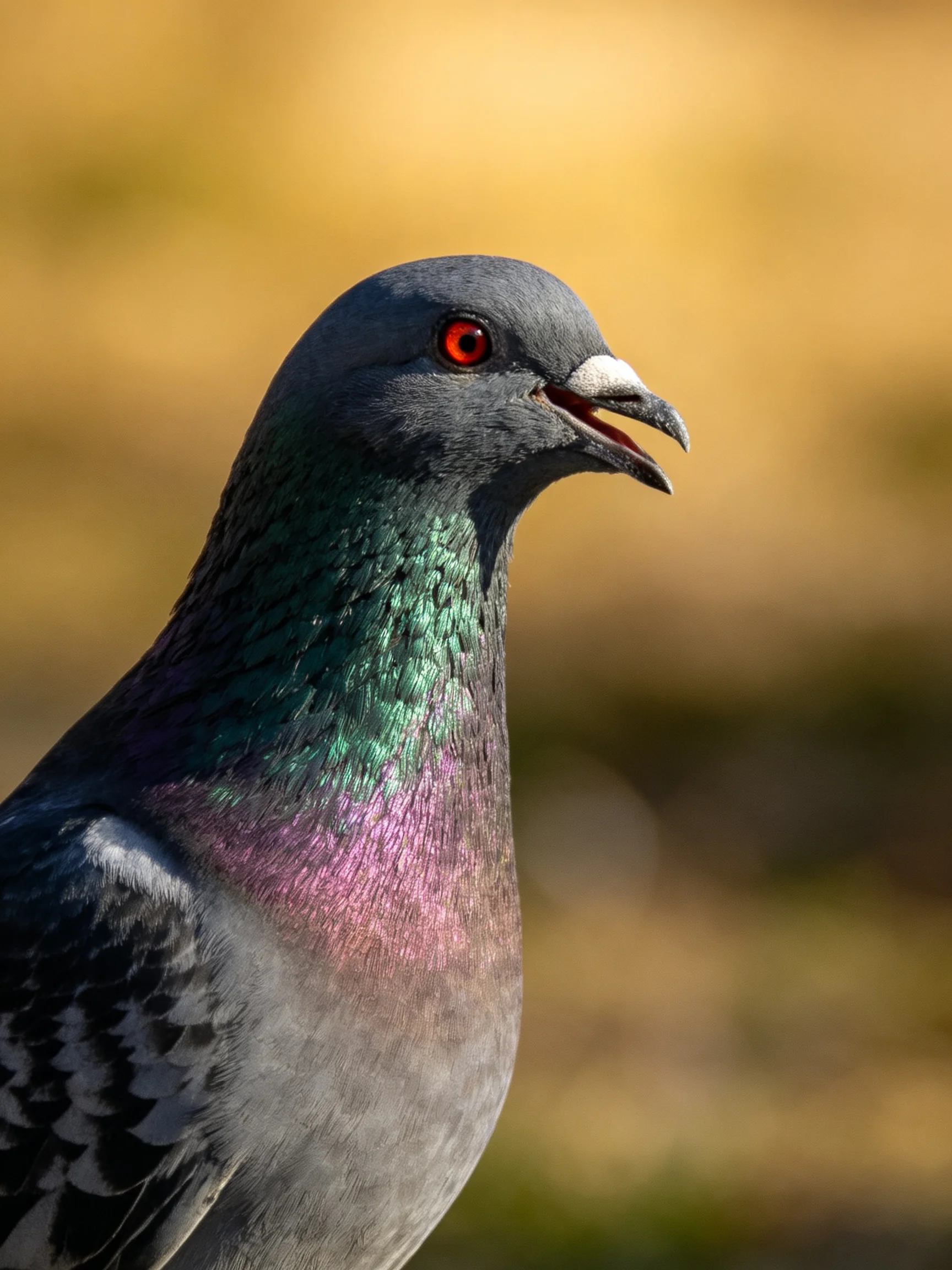 A pigeon with iridescent green and purple plumage is shown up close.