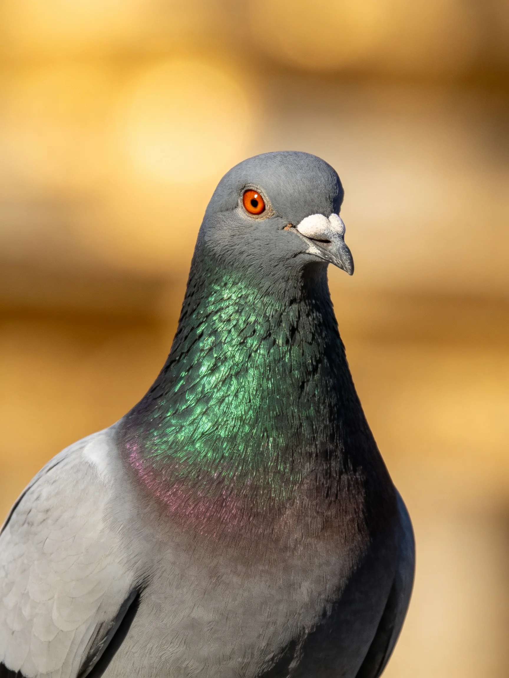 A close - up of a pigeon with iridescent green neck and gray feathers