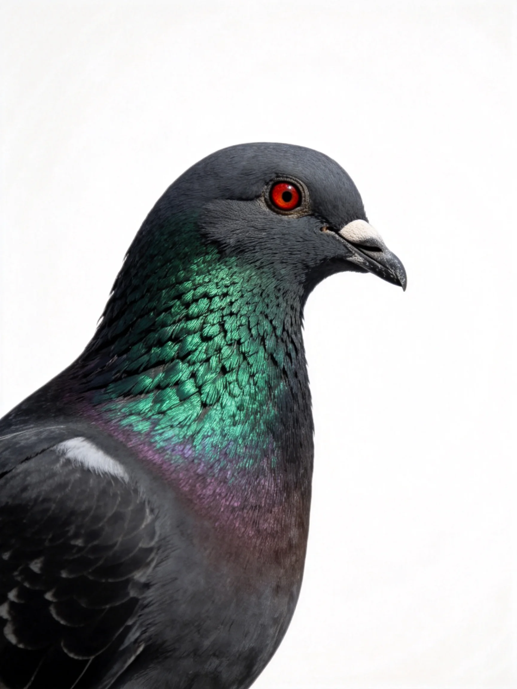 A close - up of a pigeon with iridescent green neck and red eye