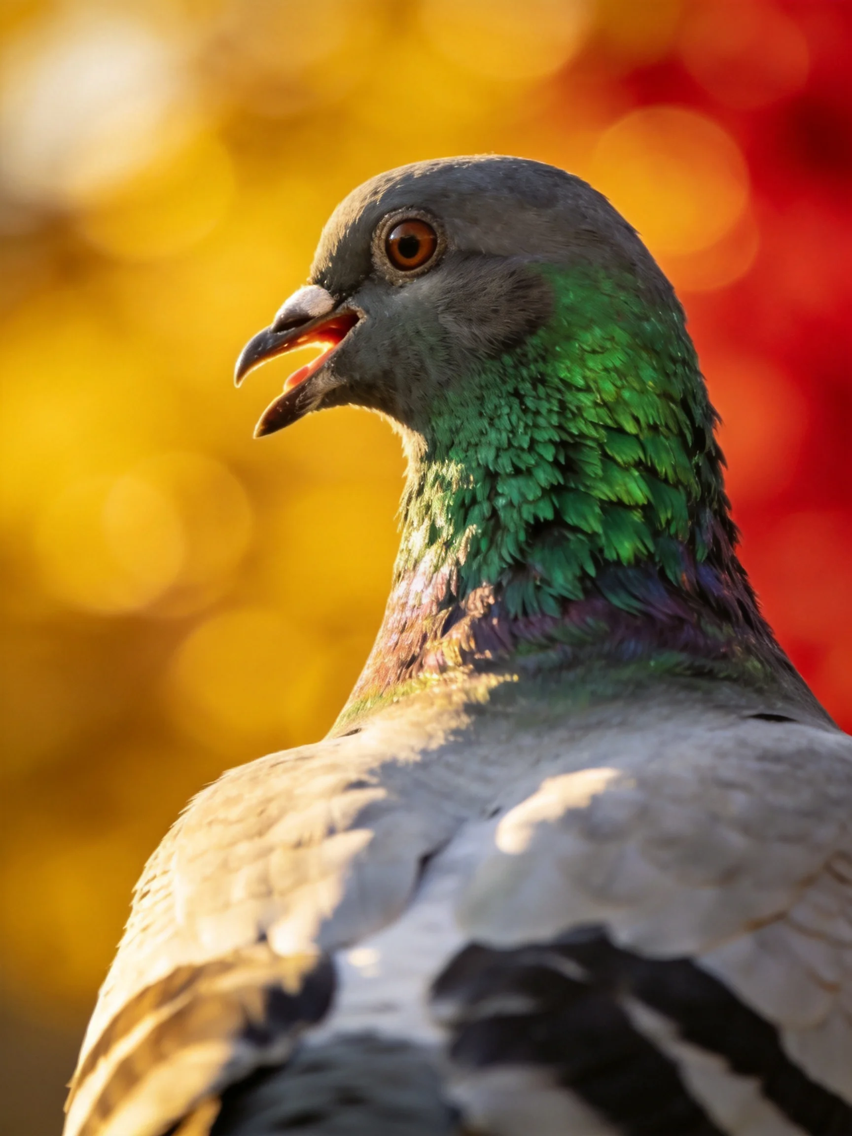 A pigeon with vibrant plumage is set against blurred autumn - hued background.