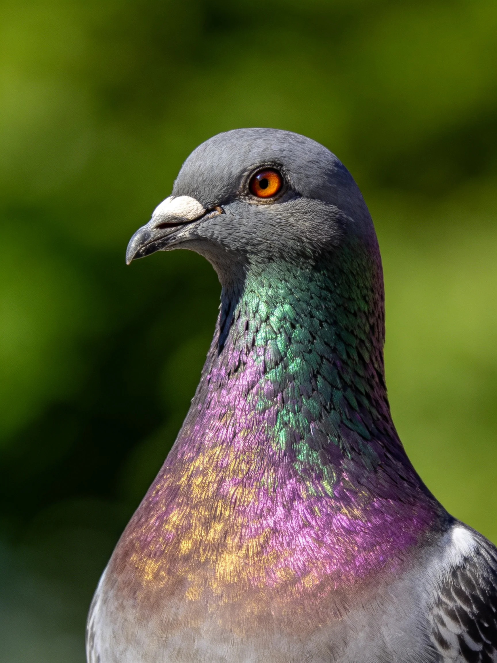 A close - up of a pigeon with iridescent multicolored plumage