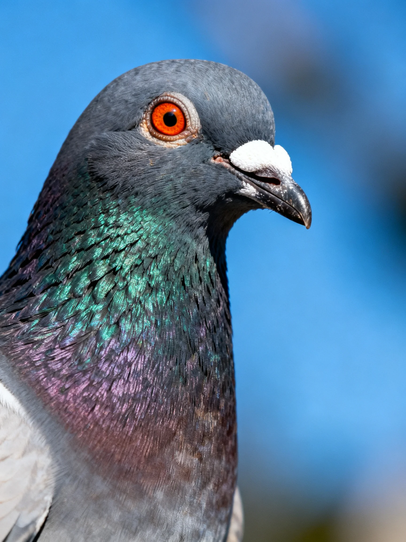 A close - up of a pigeon with iridescent plumage and an orange eye