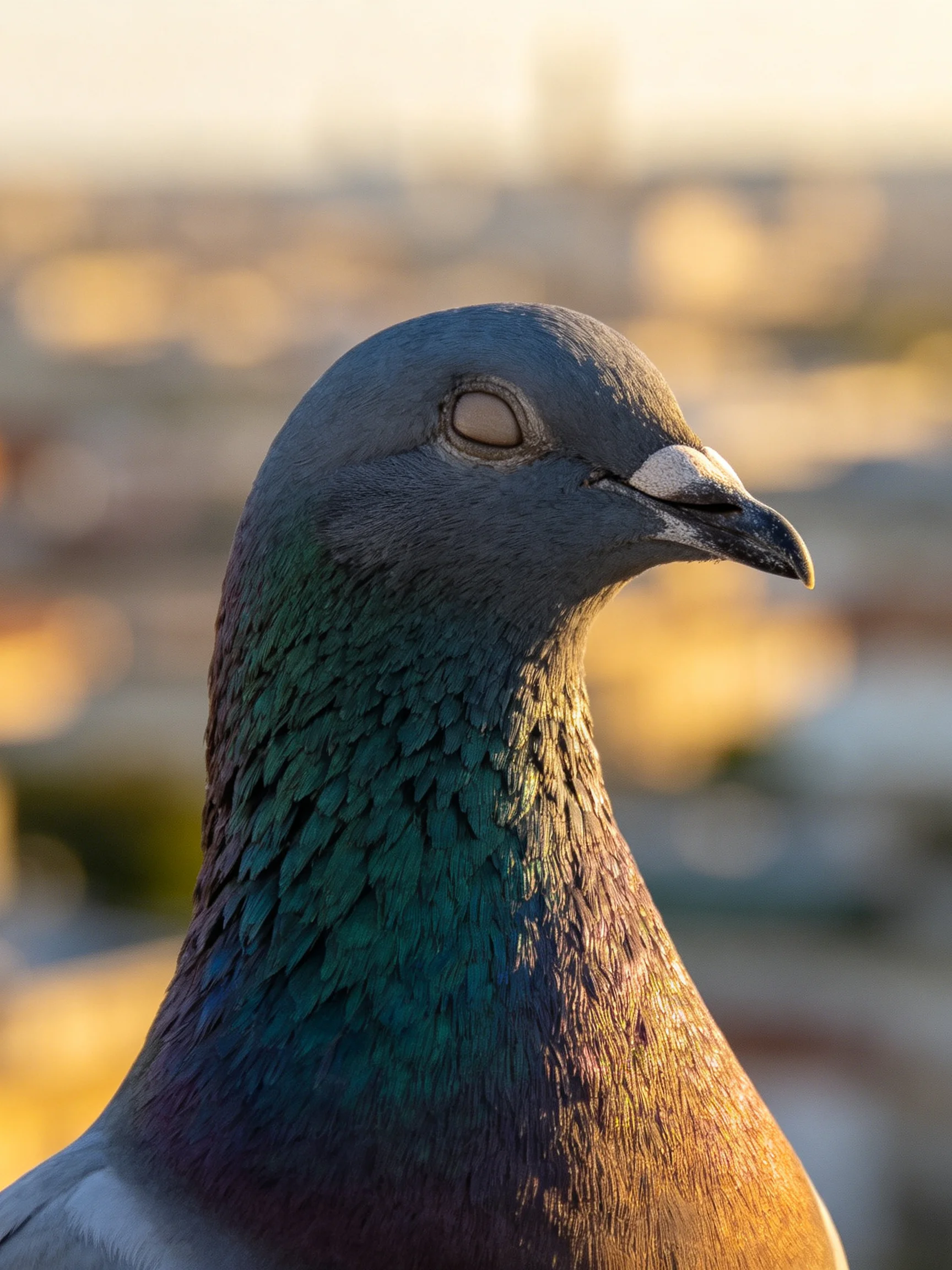 A close - up of a pigeon with iridescent teal and earthy brown feathers