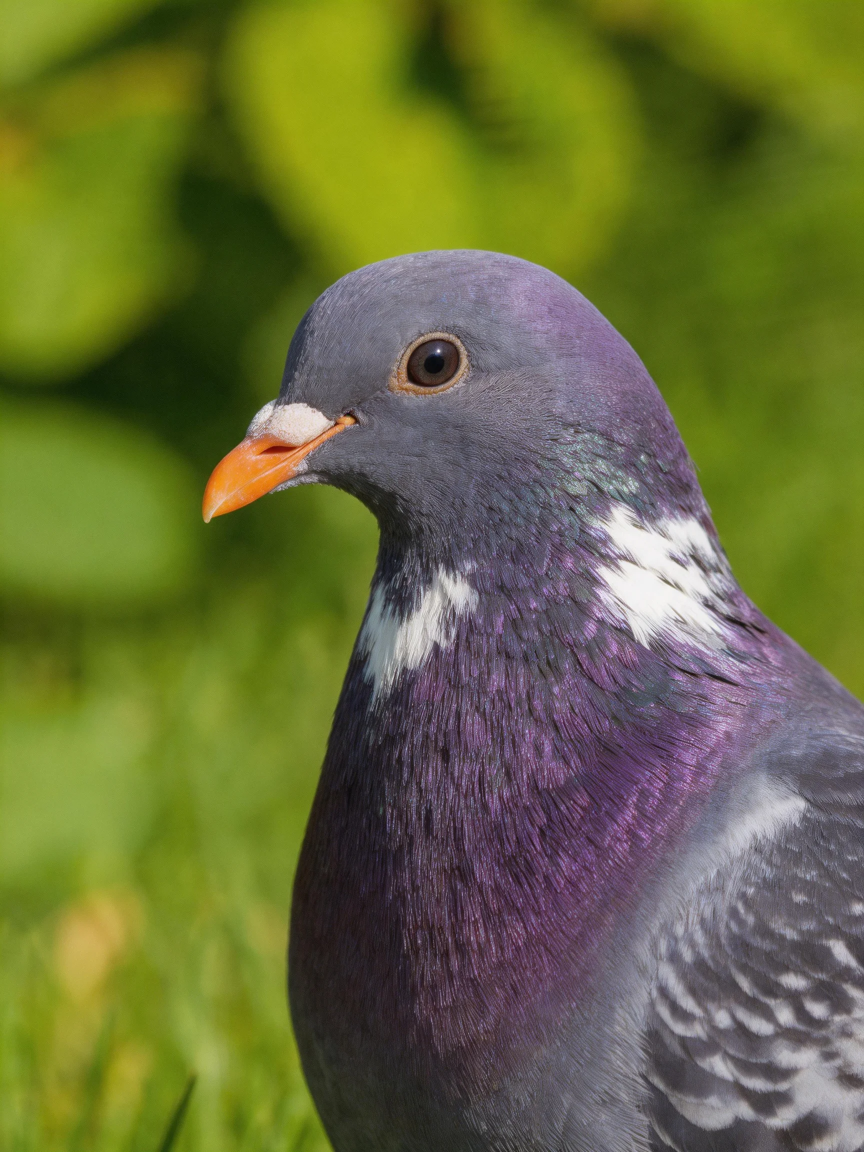 A close - up shows a pigeon with purple and gray feathers and white neck patches amid greenery.