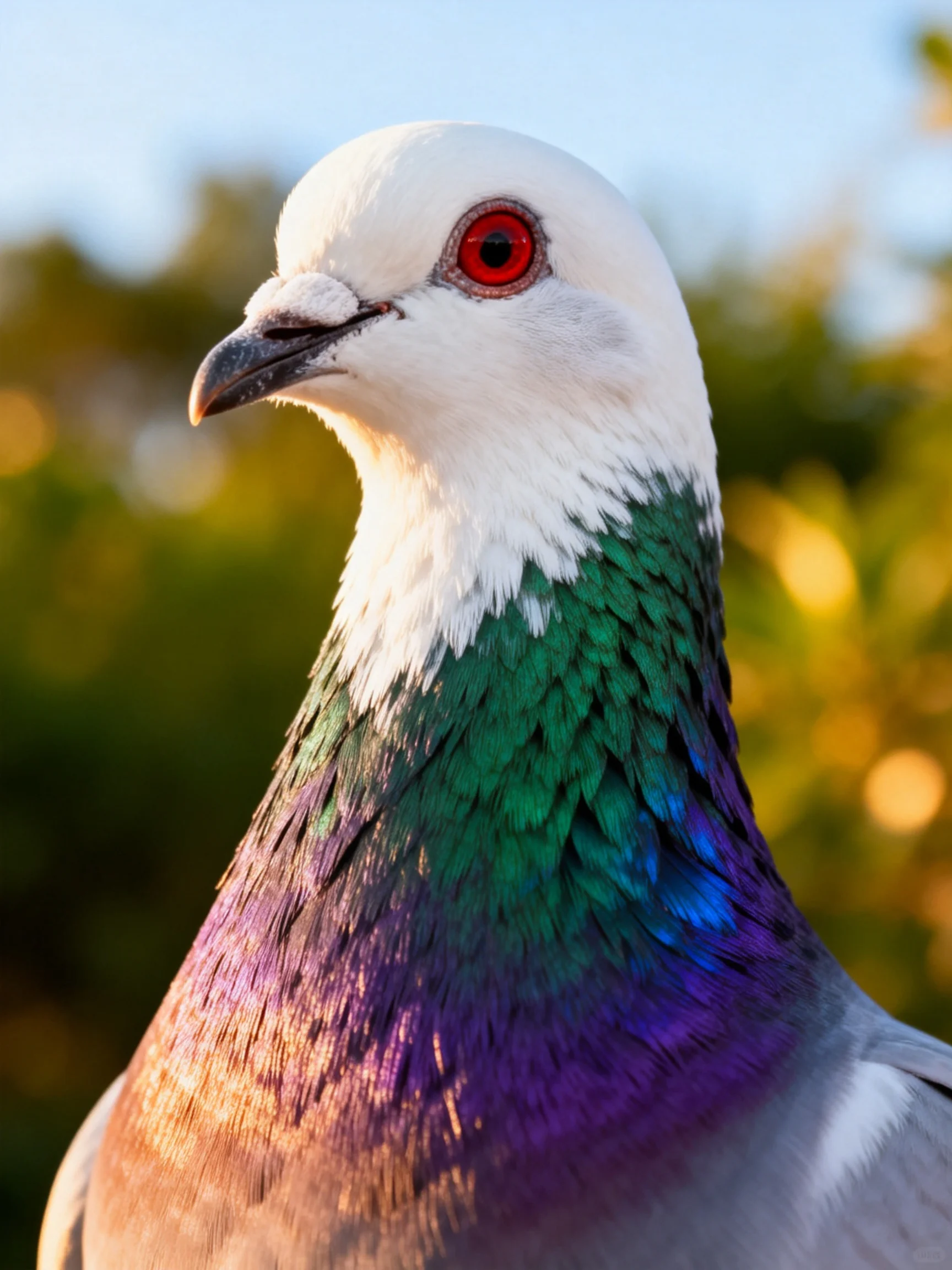 A pigeon showcases colorful neck feathers against a softly blurred natural backdrop.
