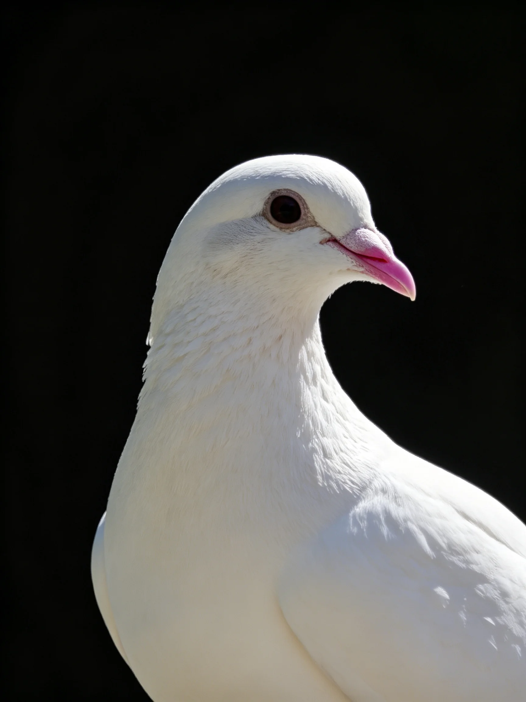 A close - up of a pure white pigeon against a stark black background