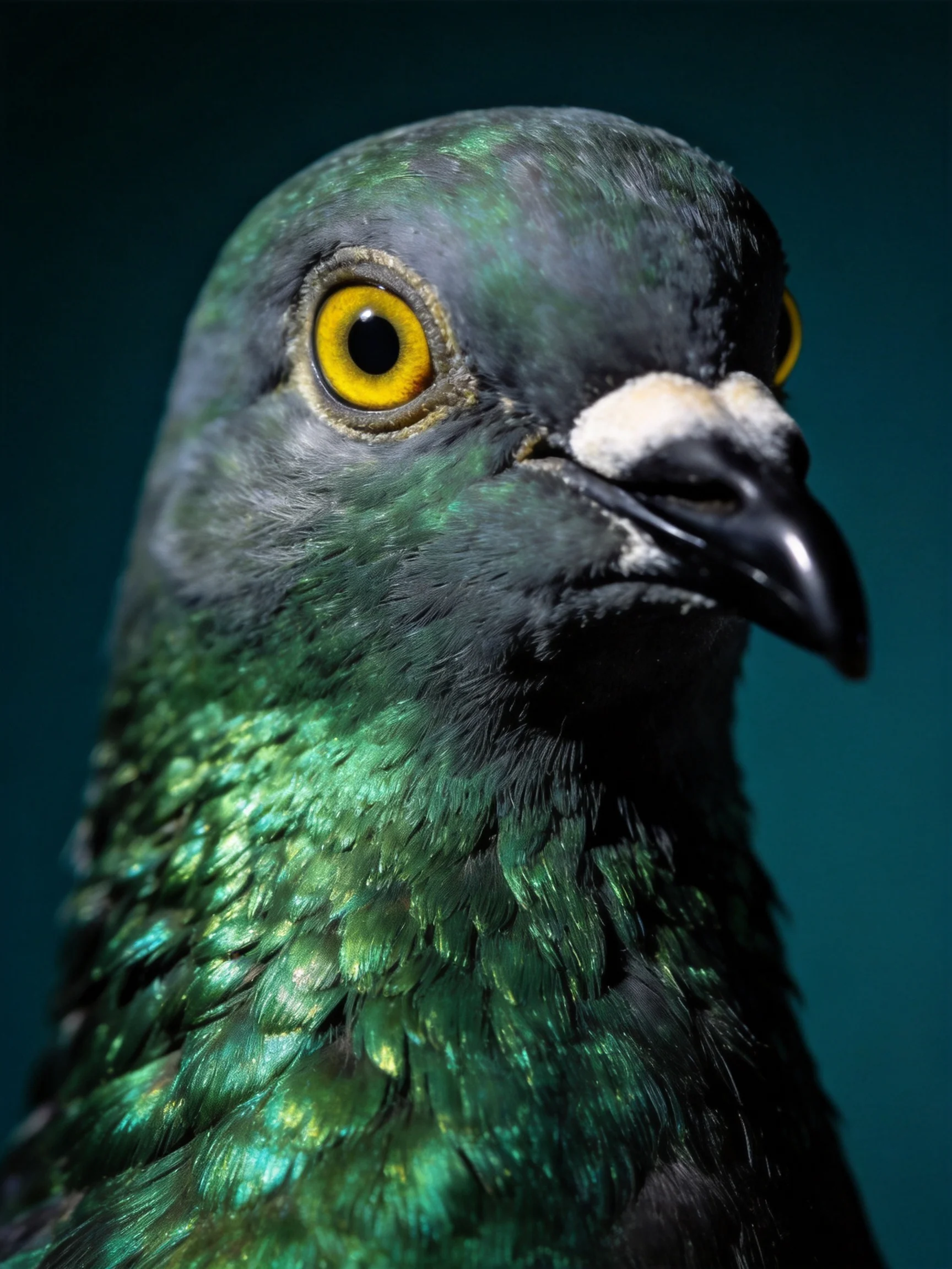 A close - up reveals a pigeon with iridescent green feathers and bright yellow eyes.