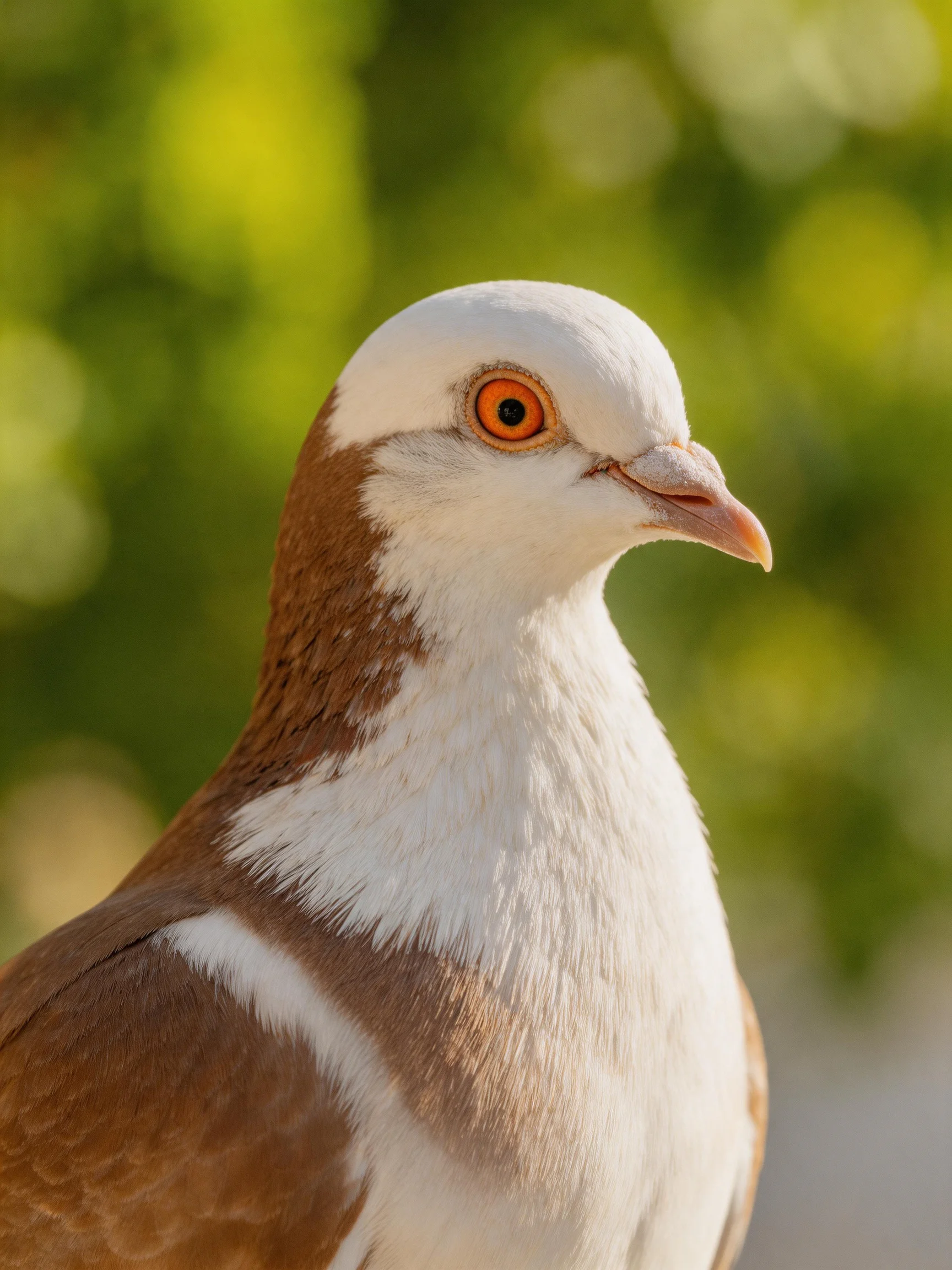 A pigeon with white and brown plumage is sharply focused against a blurred green background.