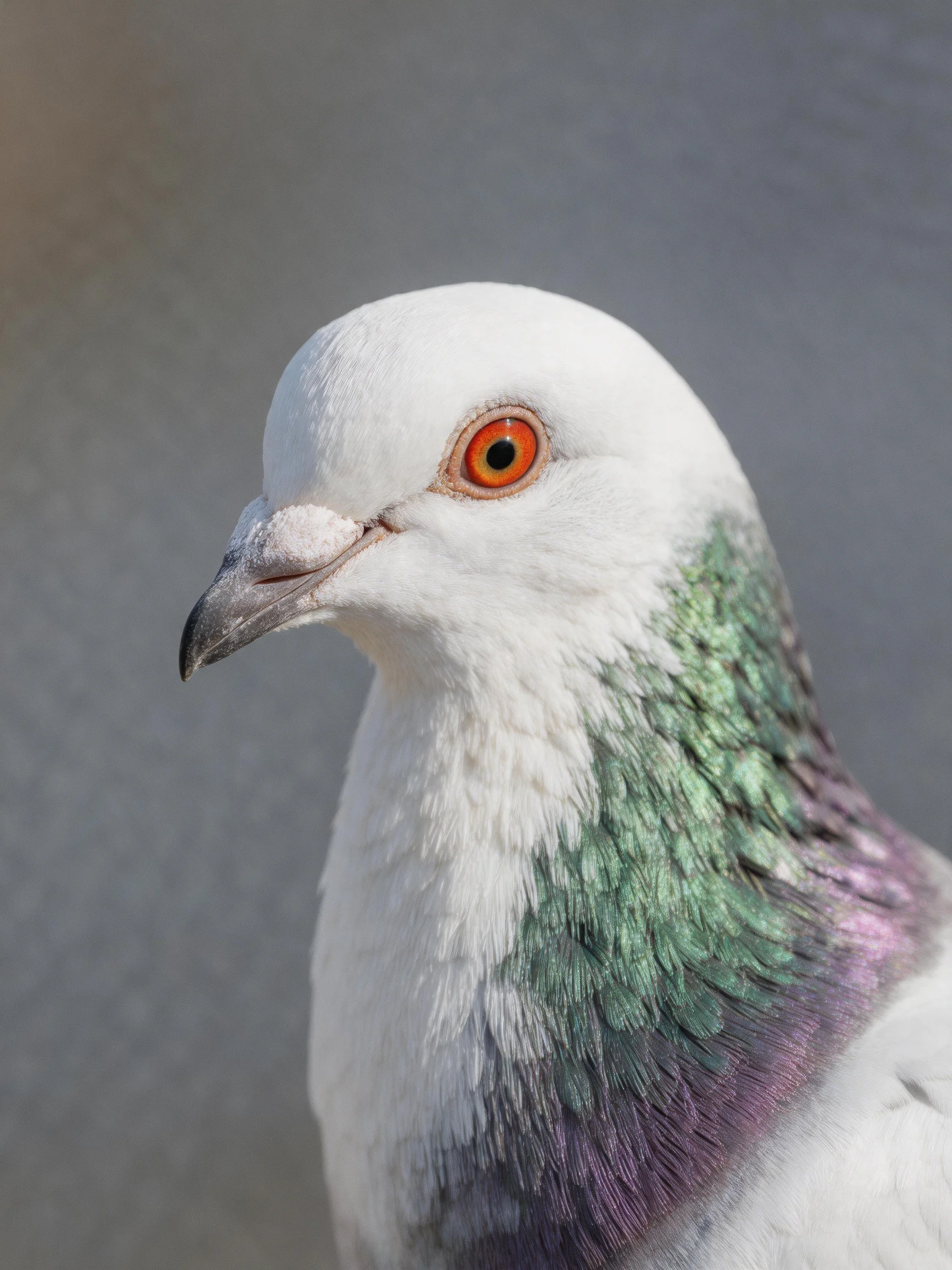 A close - up of a white pigeon with iridescent green - purple neck feathers