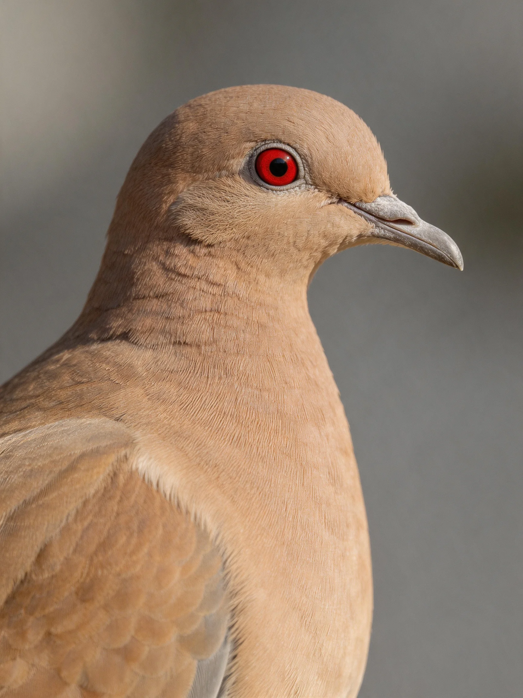 A close - up view of a brown dove with vibrant red eye