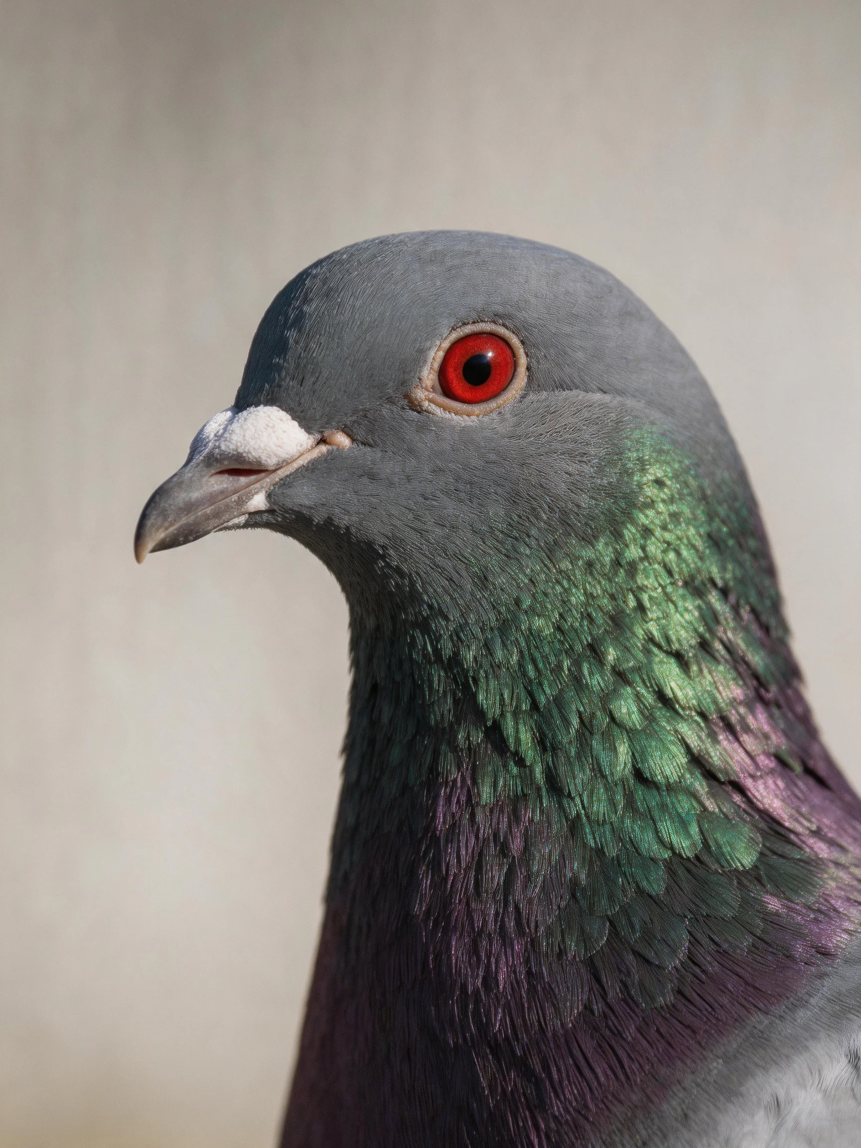 A detailed view of a pigeon showcasing its gray head and colorful neck plumage