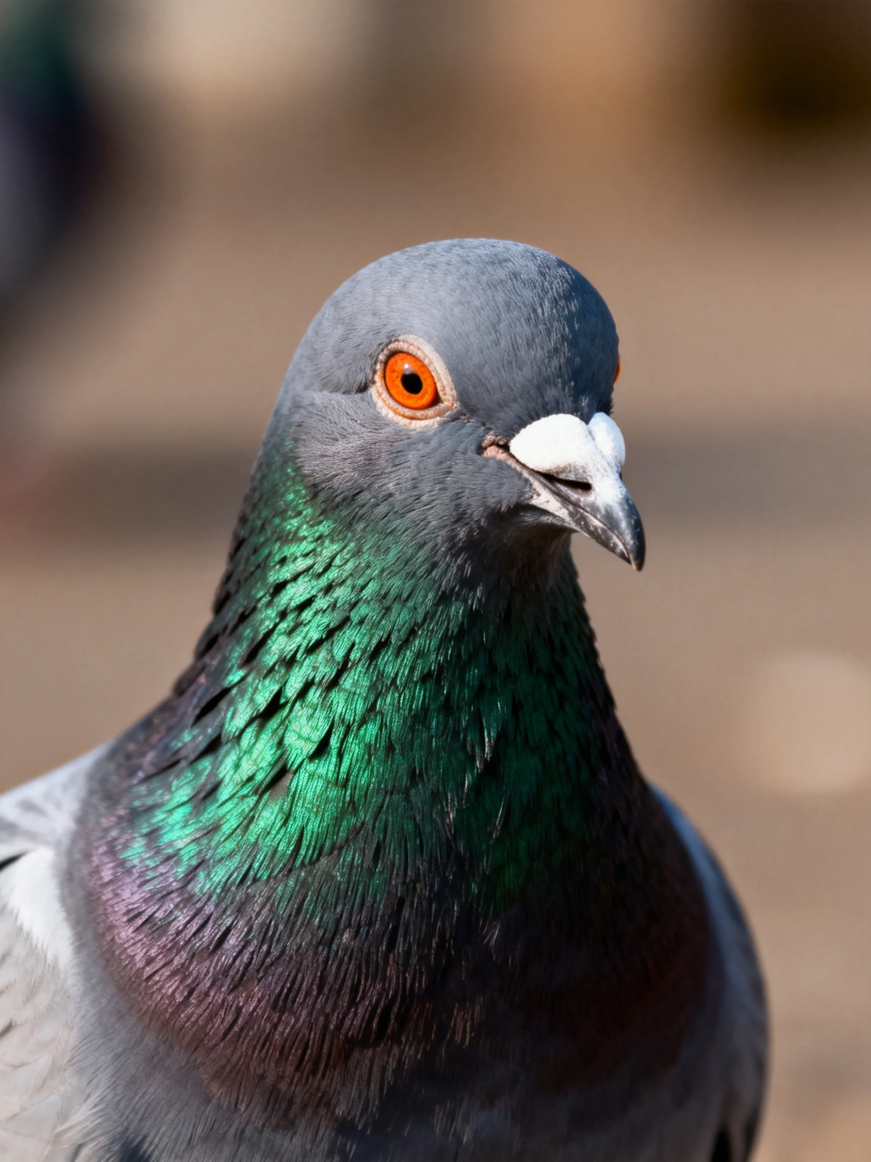 A close-up of a gray-headed pigeon with iridescent green neck feathers