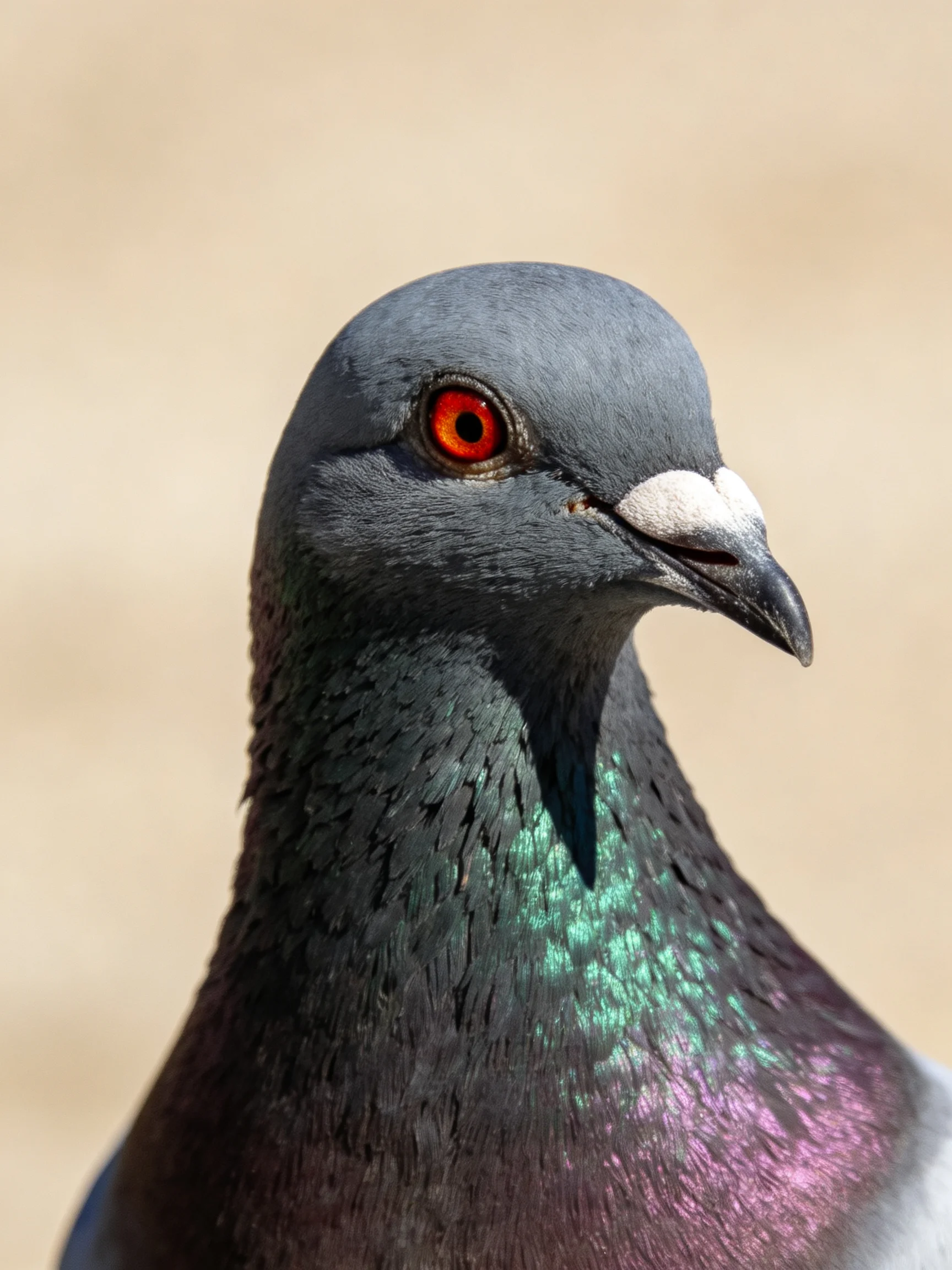 A close-up of a pigeon with gray head and iridescent neck feathers