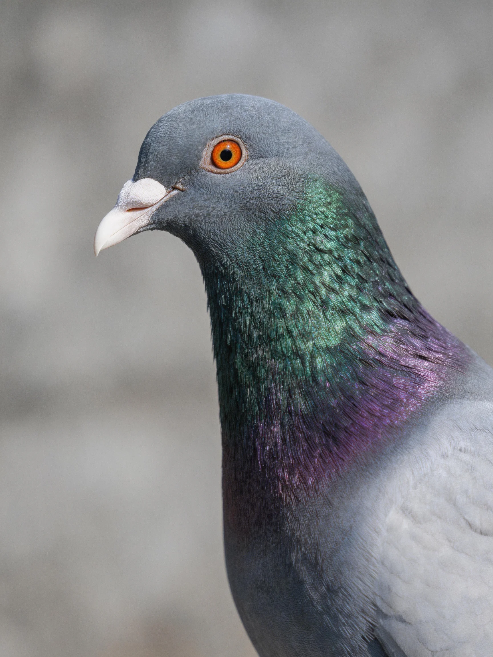 A close-up of a pigeon with iridescent green and purple neck feathers