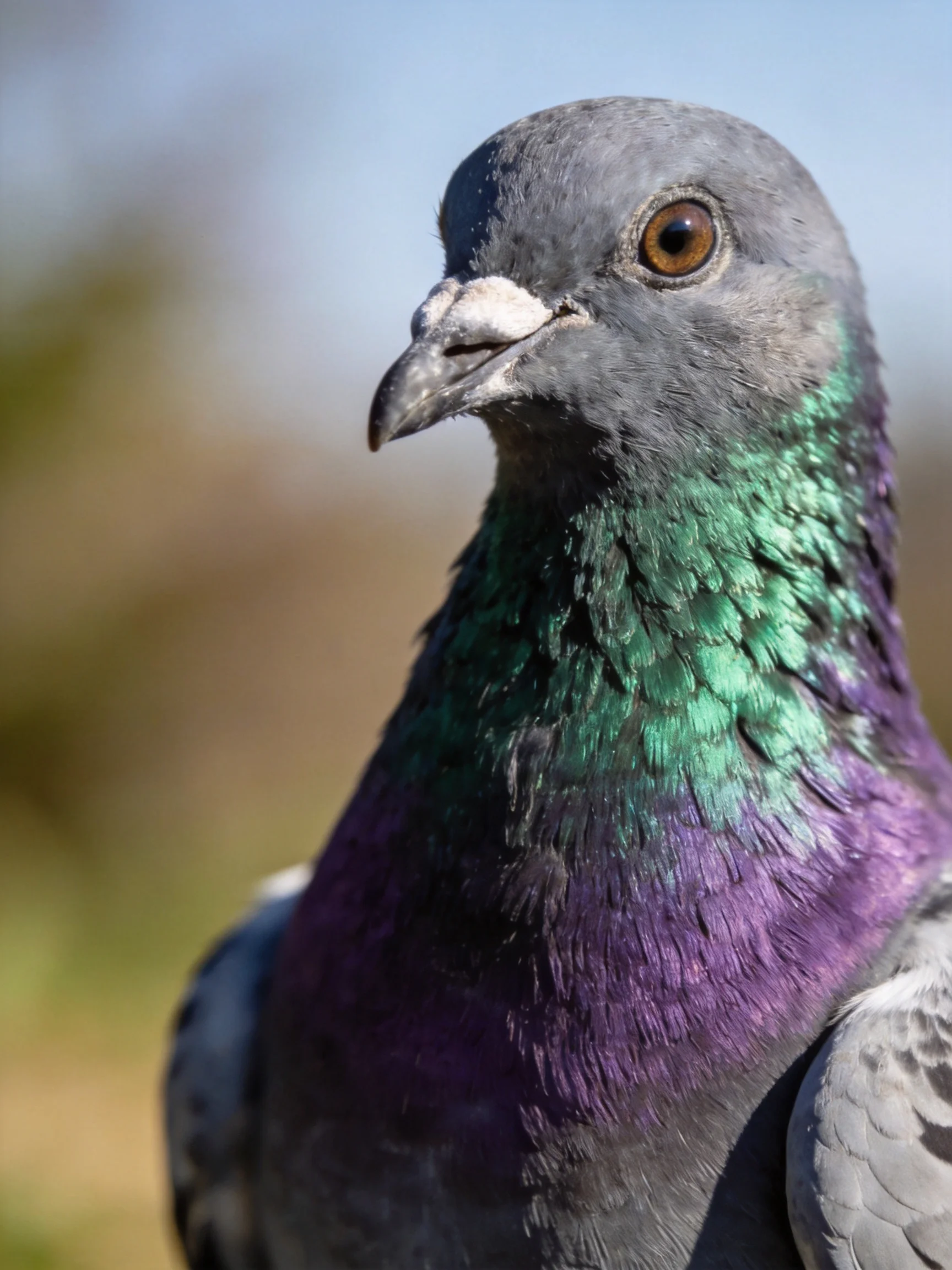 A close-up of a pigeon with iridescent green and purple neck feathers
