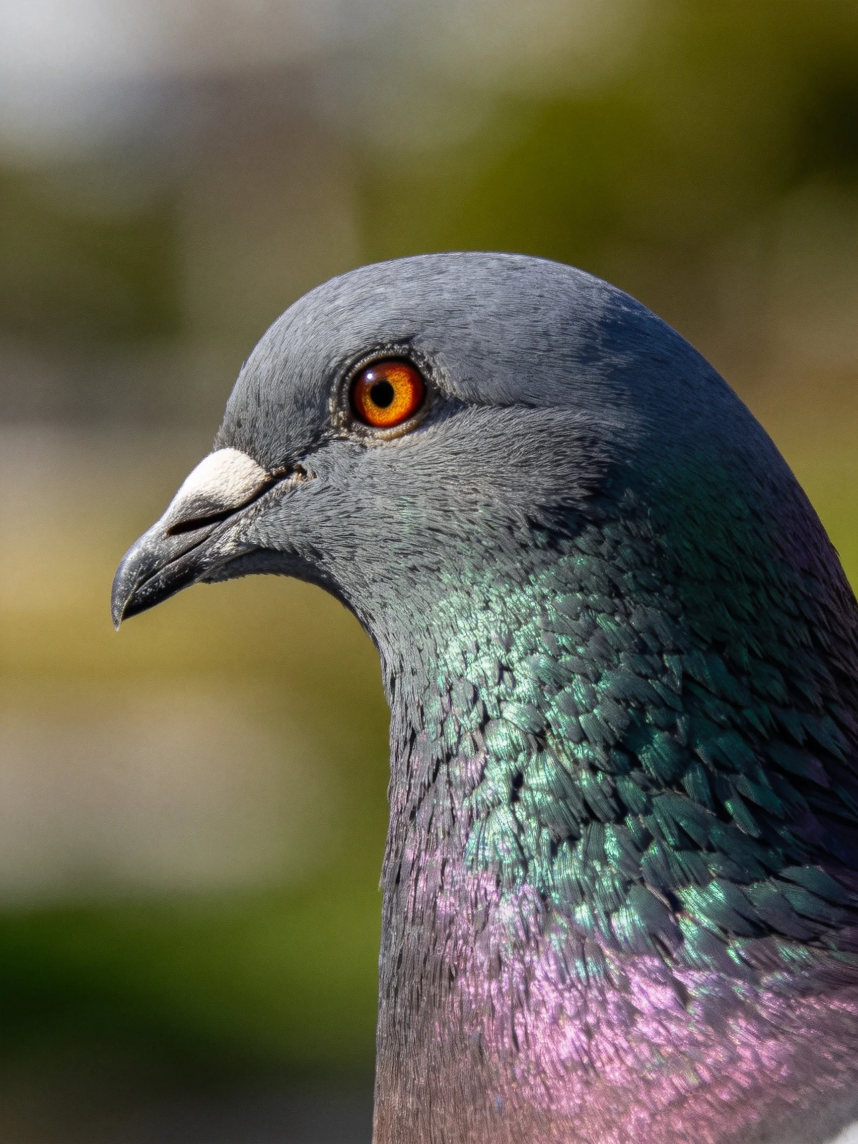 A close-up of a pigeon with iridescent green-purple plumage