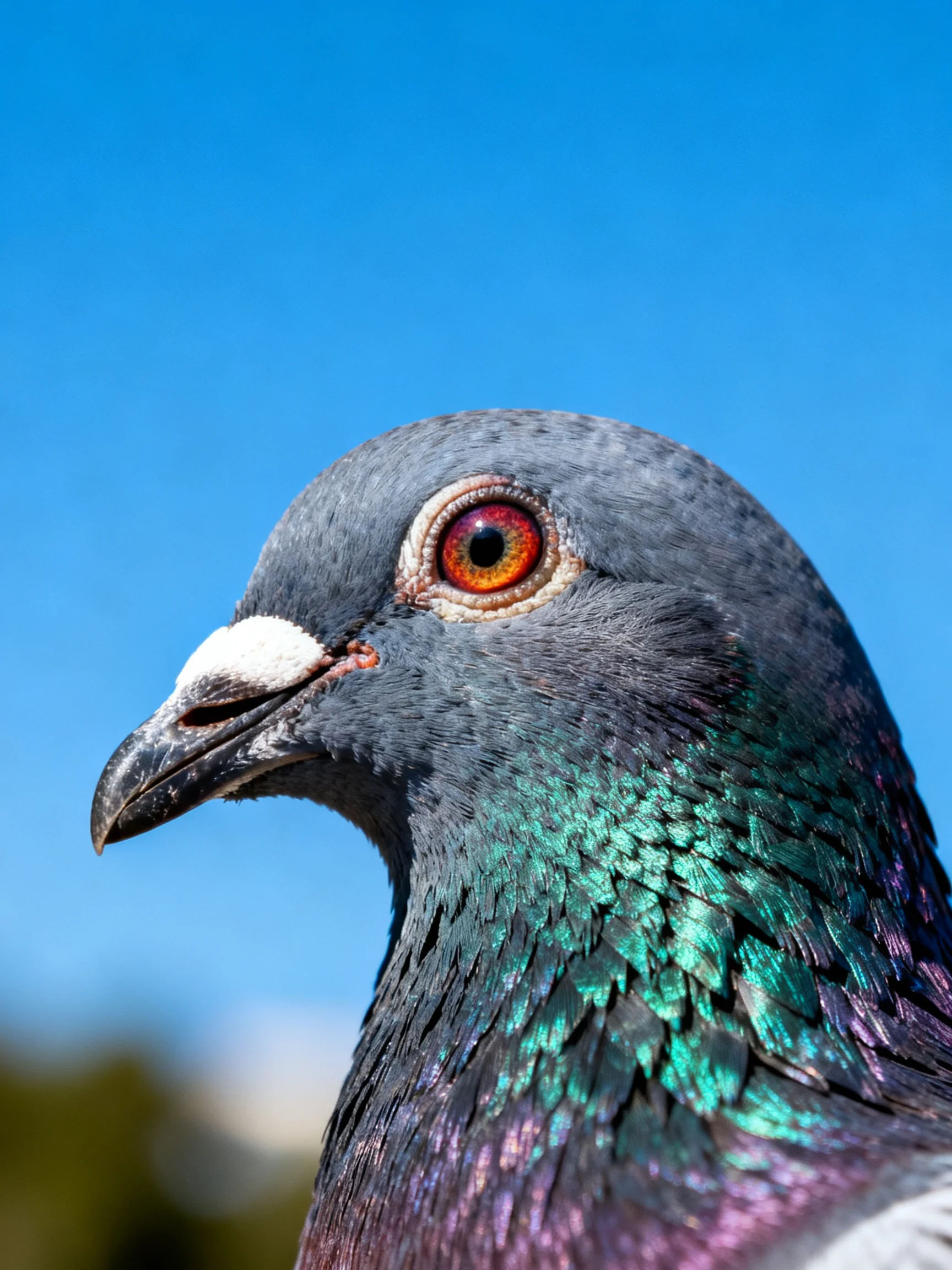 A close-up of a pigeon with iridescent teal and purple feathers against a clear blue sky