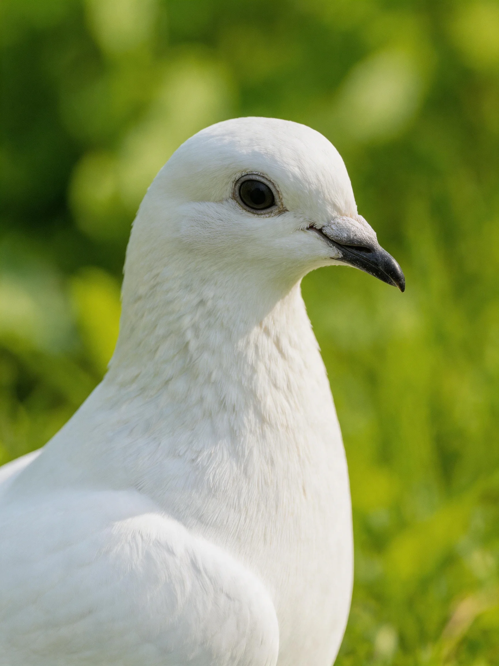 A close-up of a white pigeon with a blurred green natural background