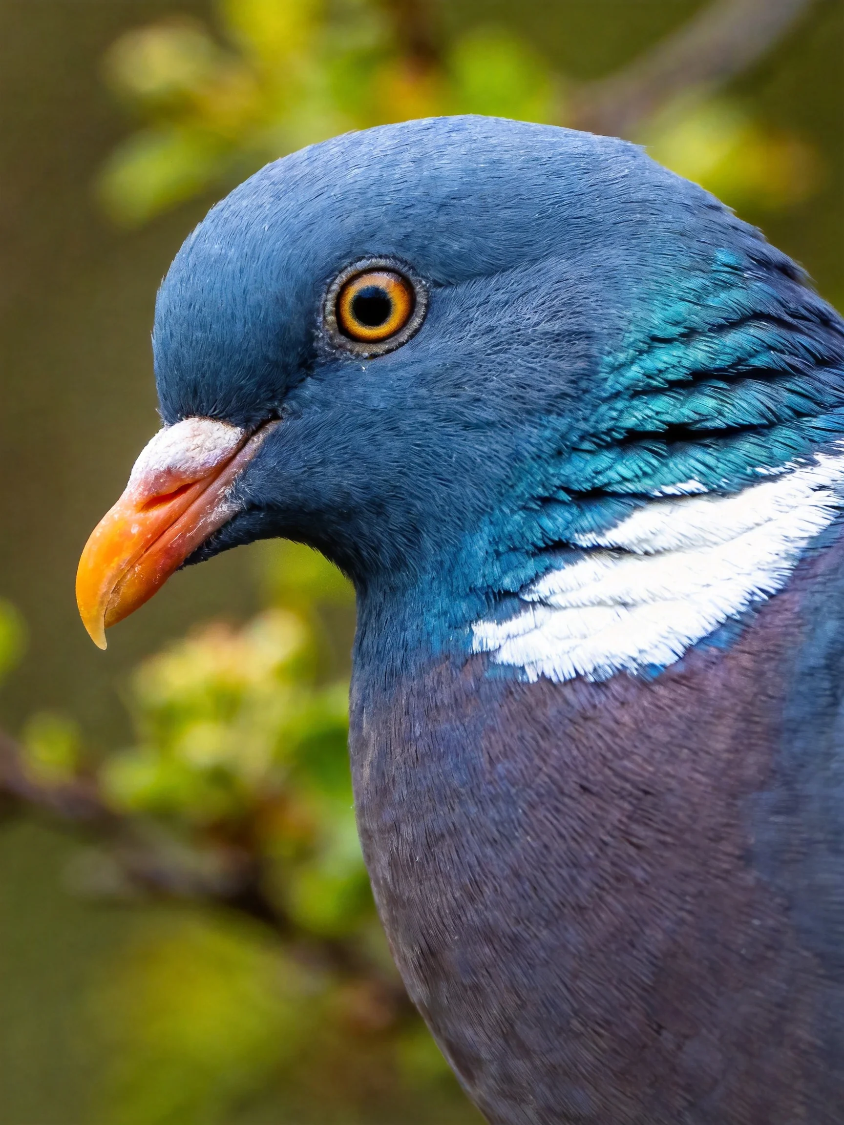 A close-up of a wood pigeon with vibrant blue and purple plumage