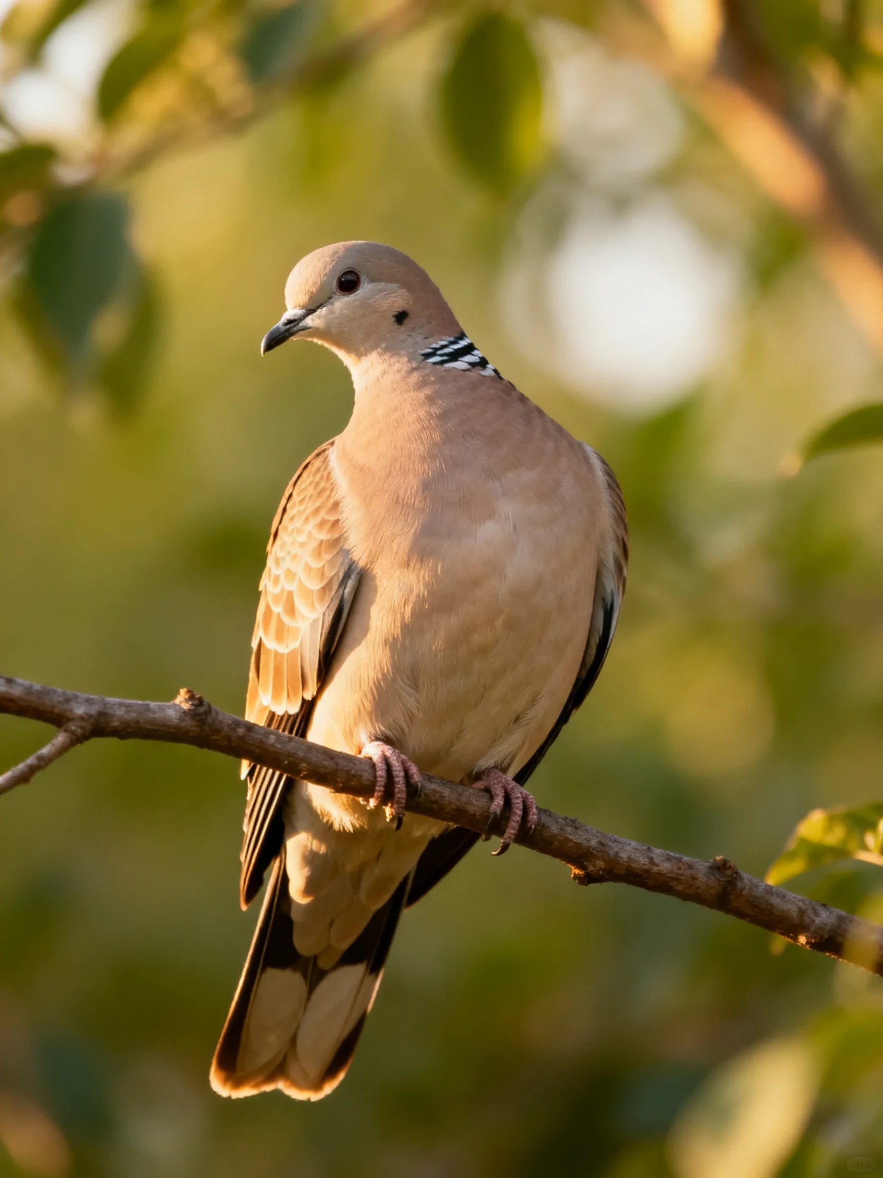 A collared dove perched on a tree branch amidst green foliage