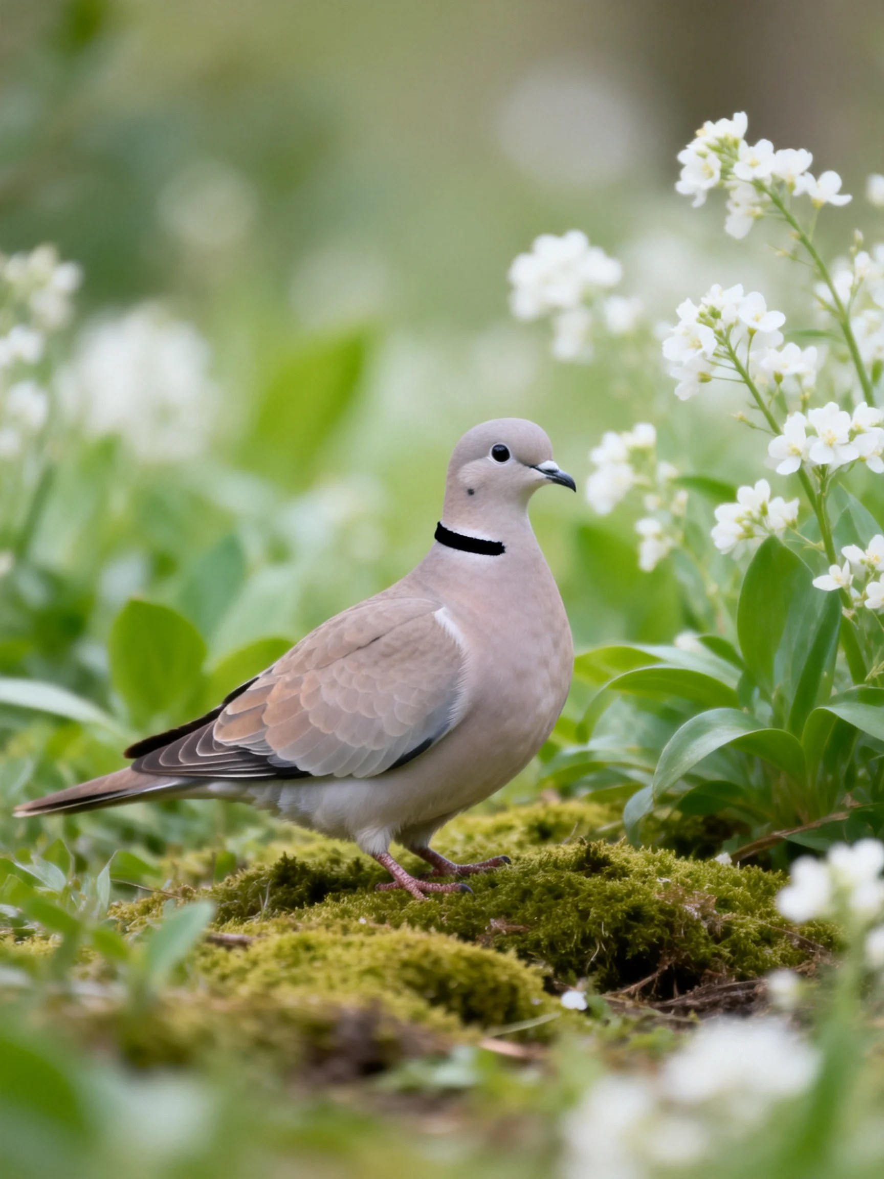 A collared dove perched on moss amid white flowers and greenery
