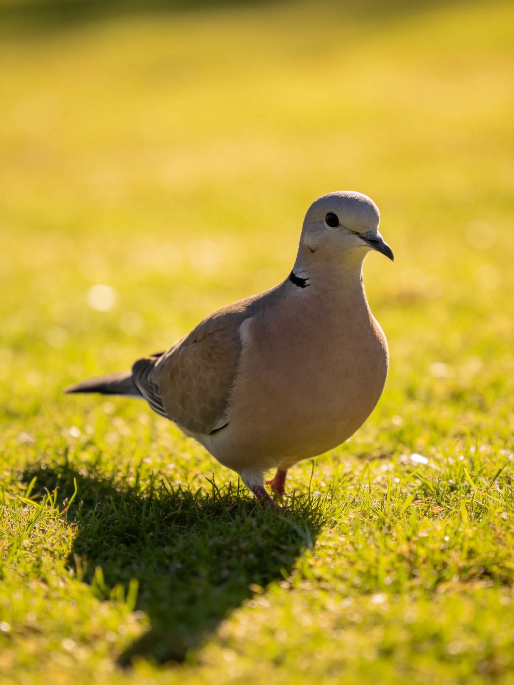 A collared dove stands on sun-drenched green grass