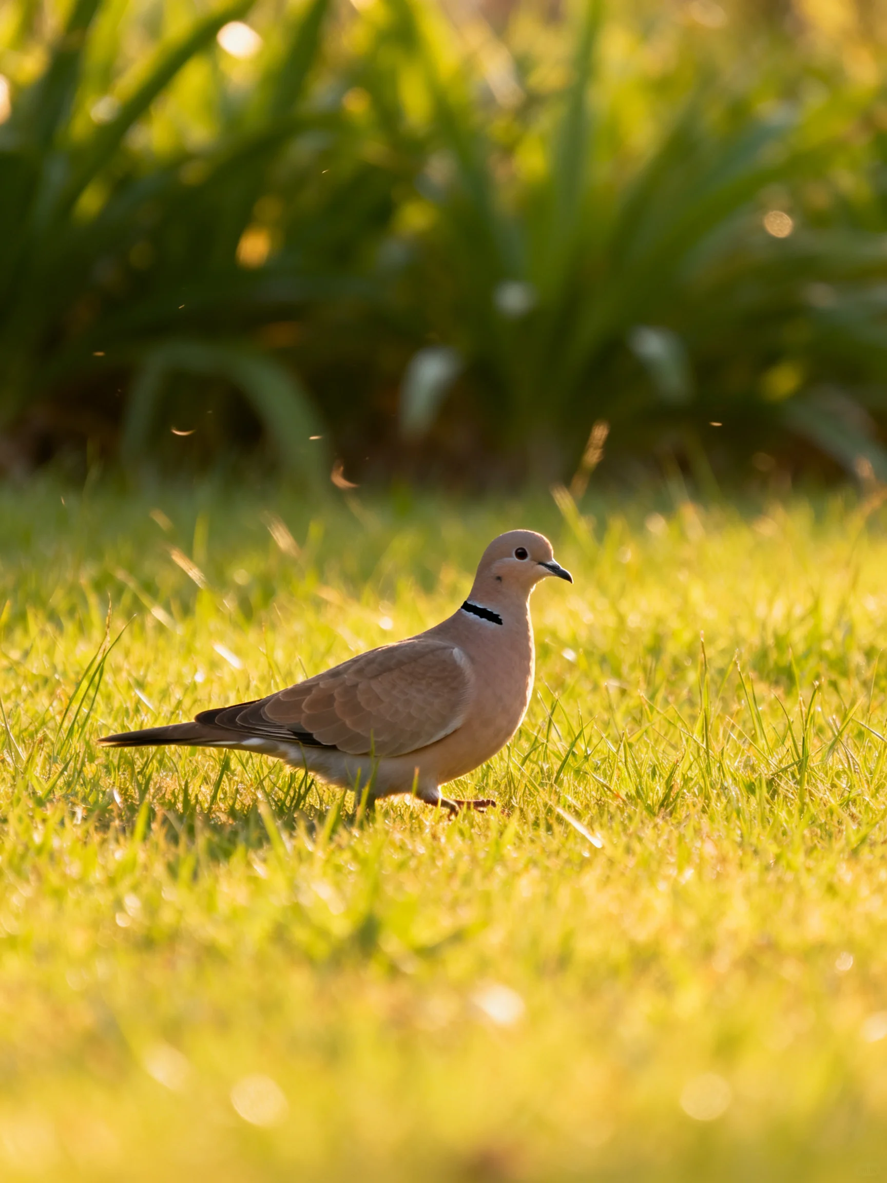 A collared dove wanders on sunlit green grass