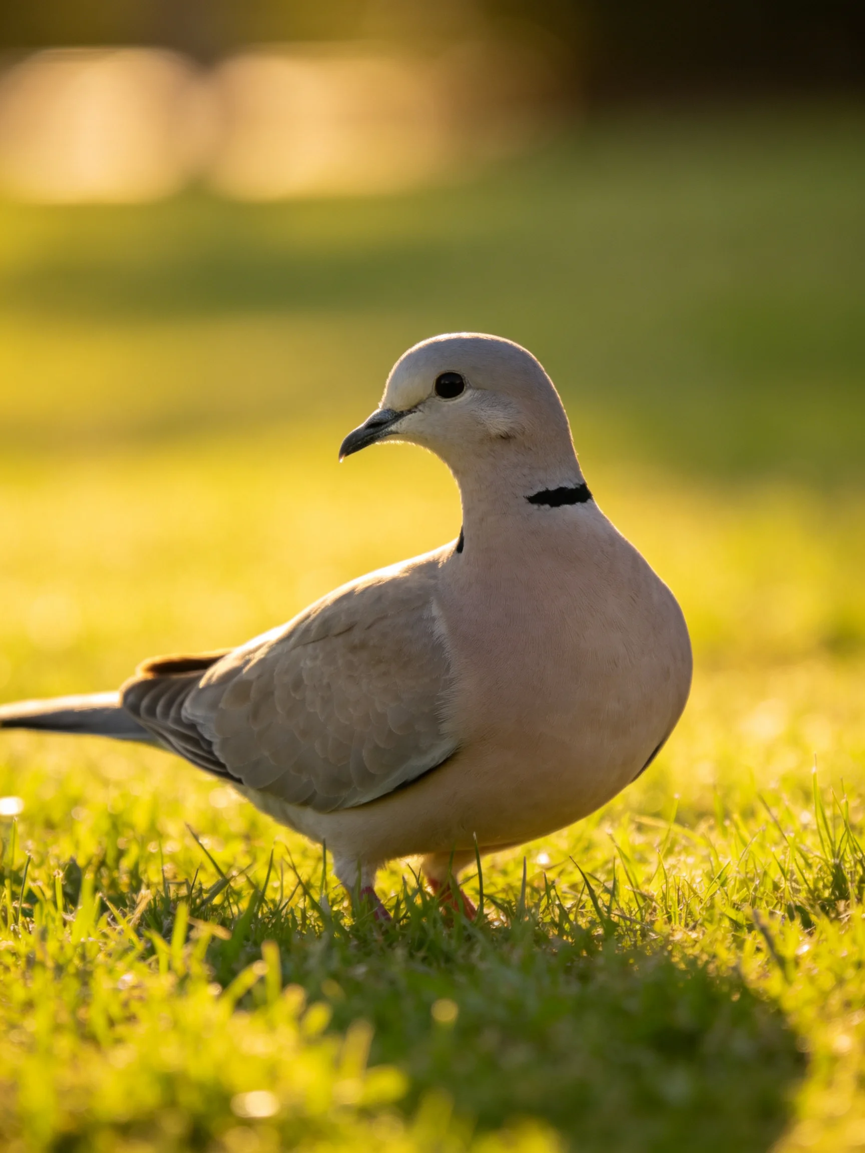A collared dove with a black neck band stands on sunlit green grass