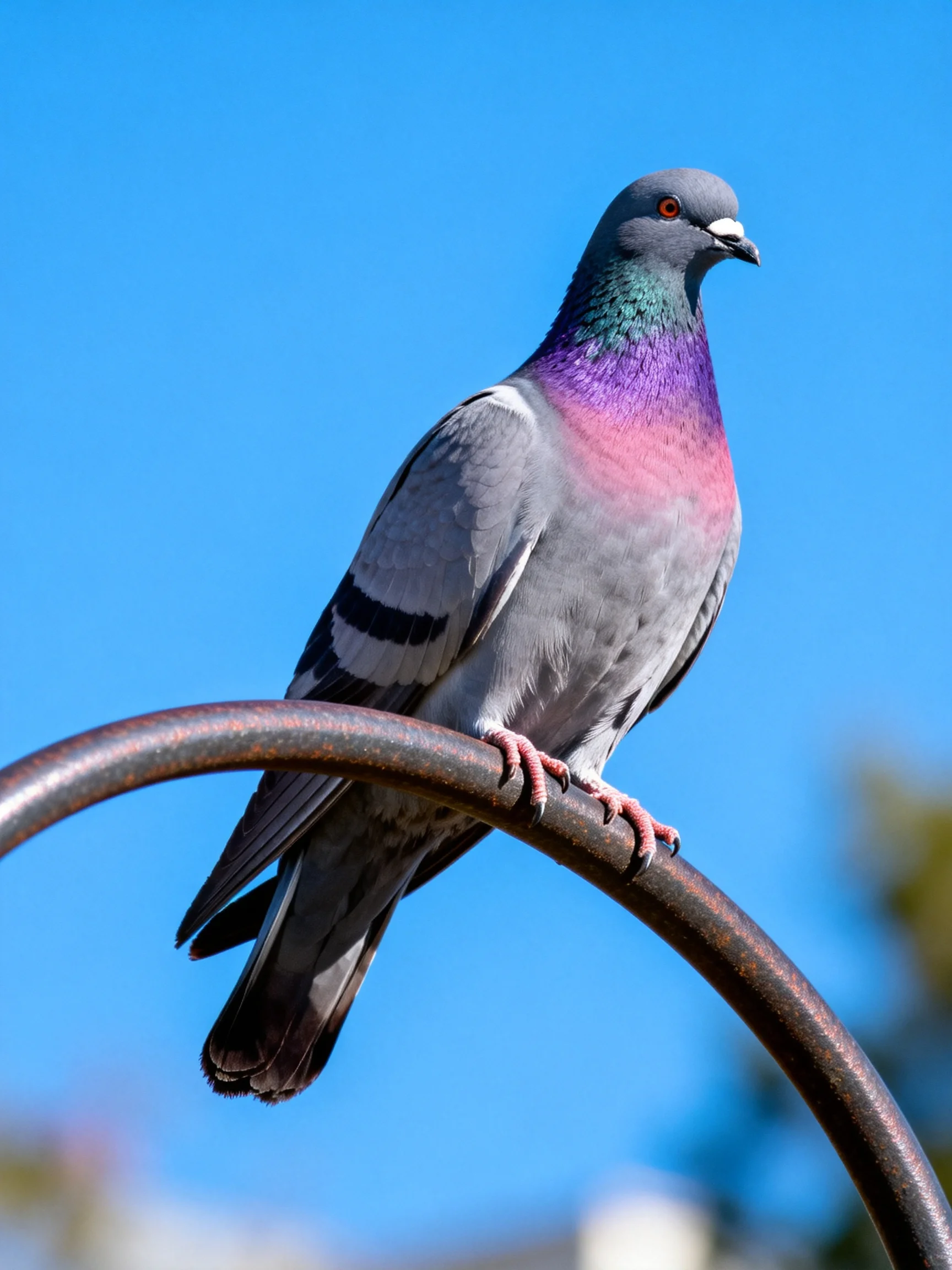 A colorful pigeon perched on a curved metal bar against bright blue sky