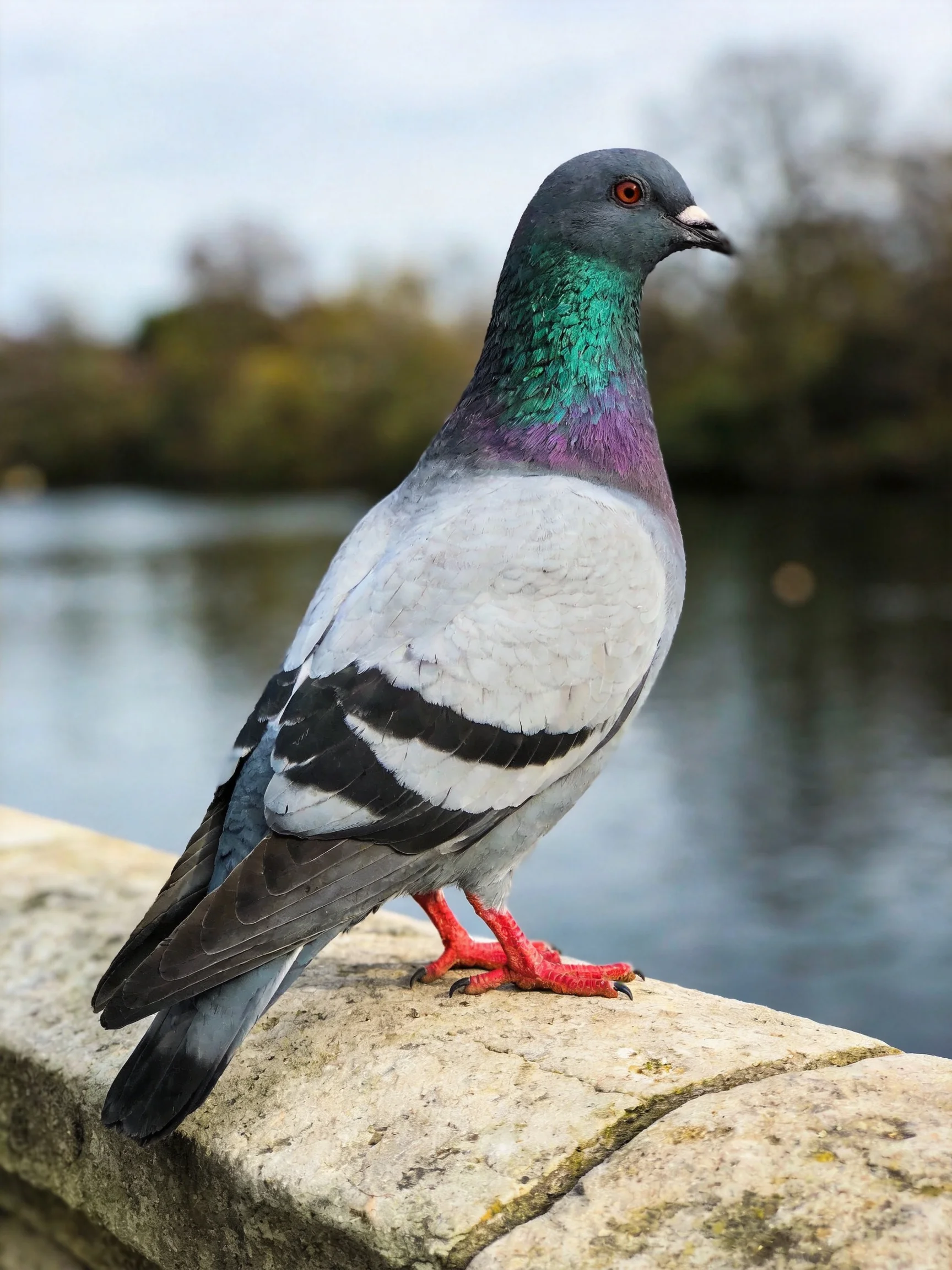 A colorful pigeon perched on a stone ledge near water