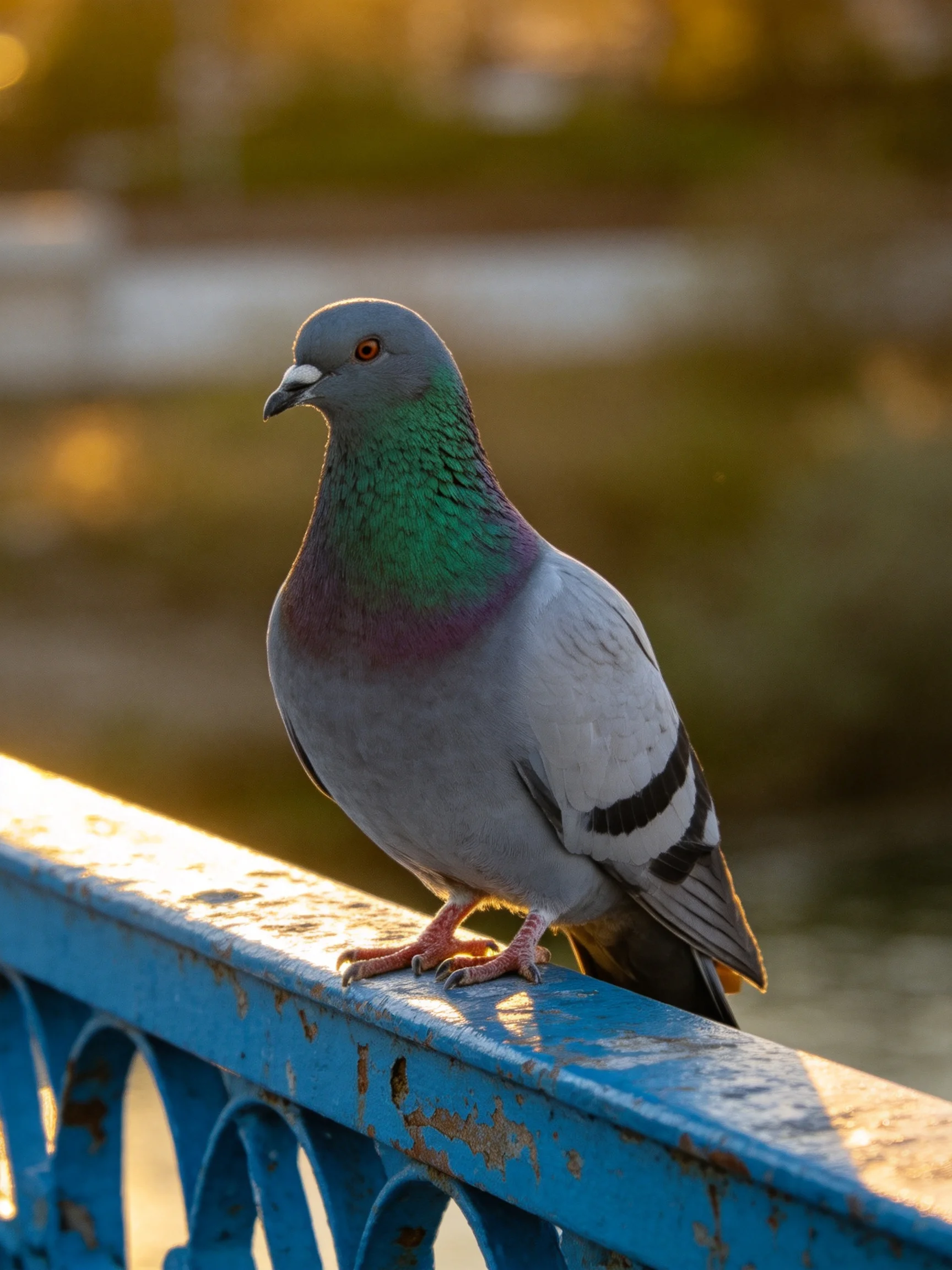 A colorful pigeon perched on a weathered blue metal railing
