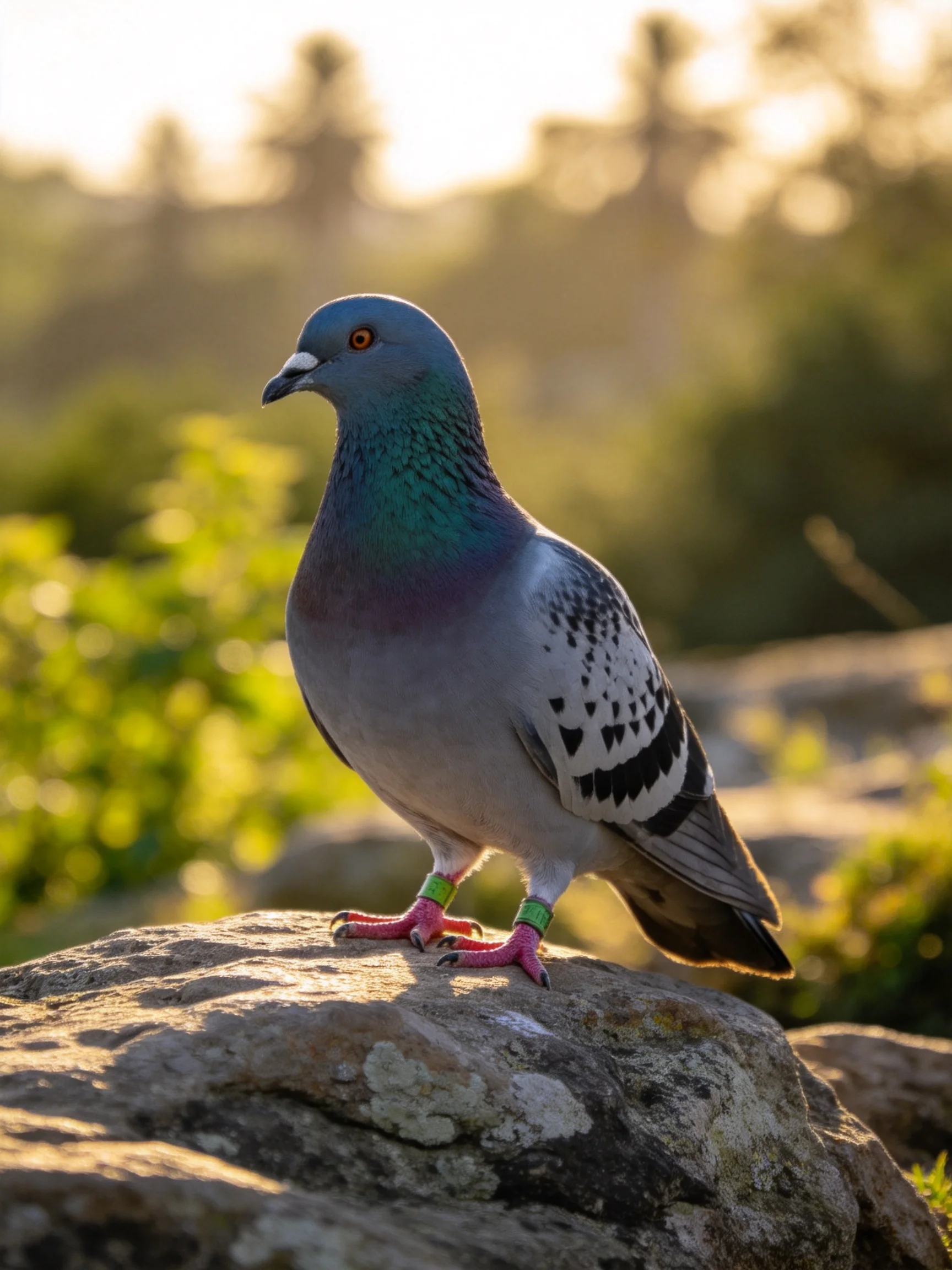 A colorful pigeon perched on a weathered rock near lush greenery