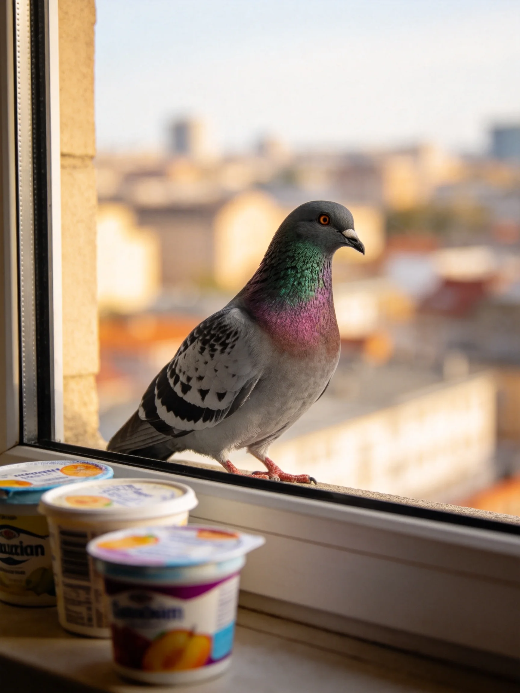 A pigeon sits on a windowsill next to three yogurt containers with a cityscape behind
