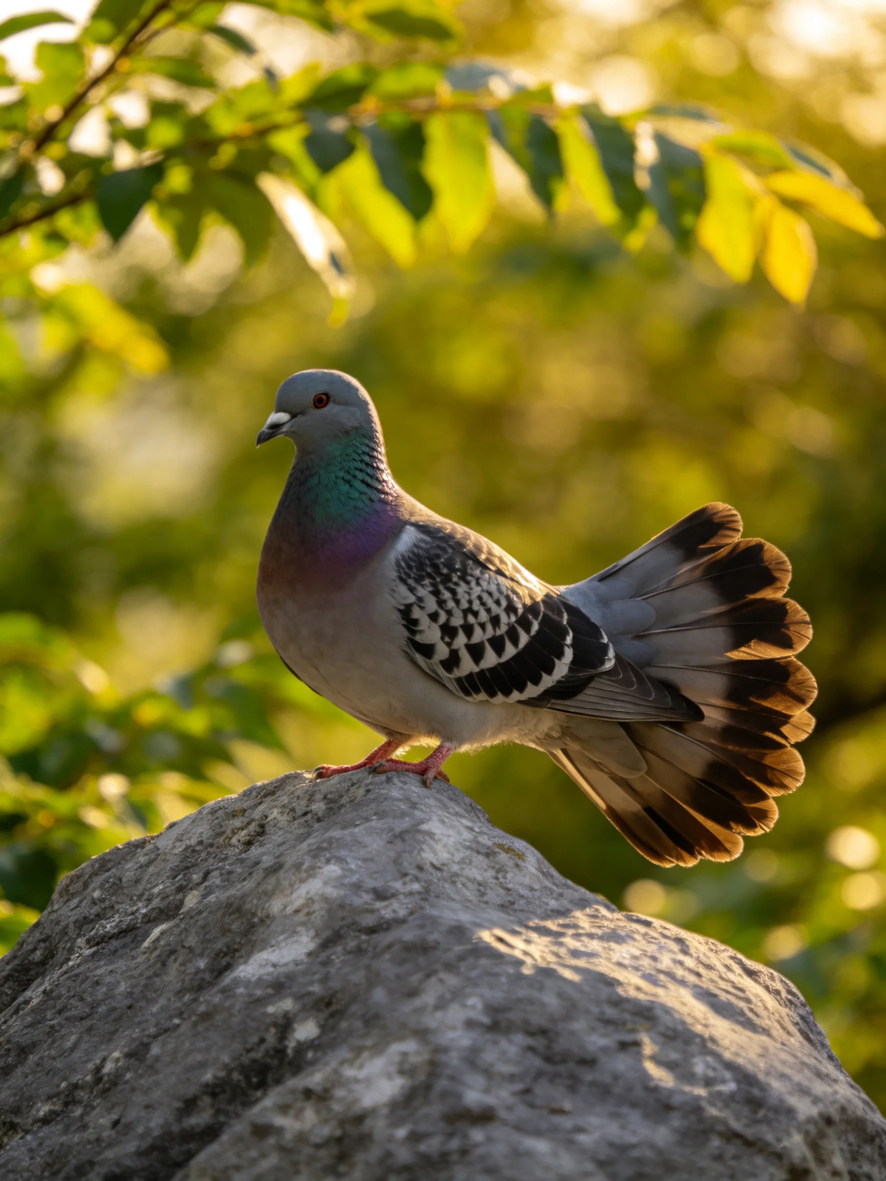 A colorful pigeon rests on a rock surrounded by greenery under natural light.
