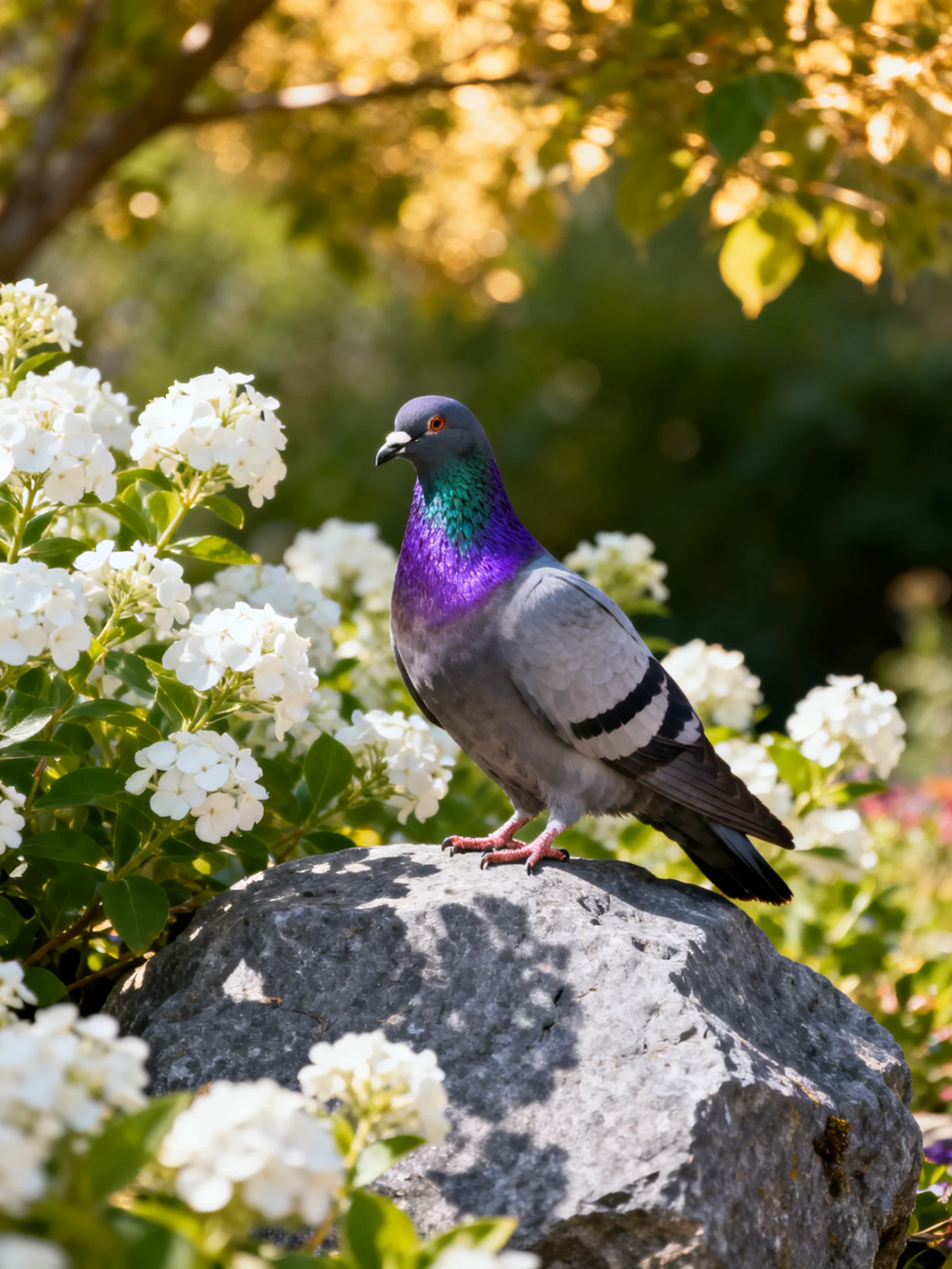 A colorful pigeon rests on a rock surrounded by white flowering plants.