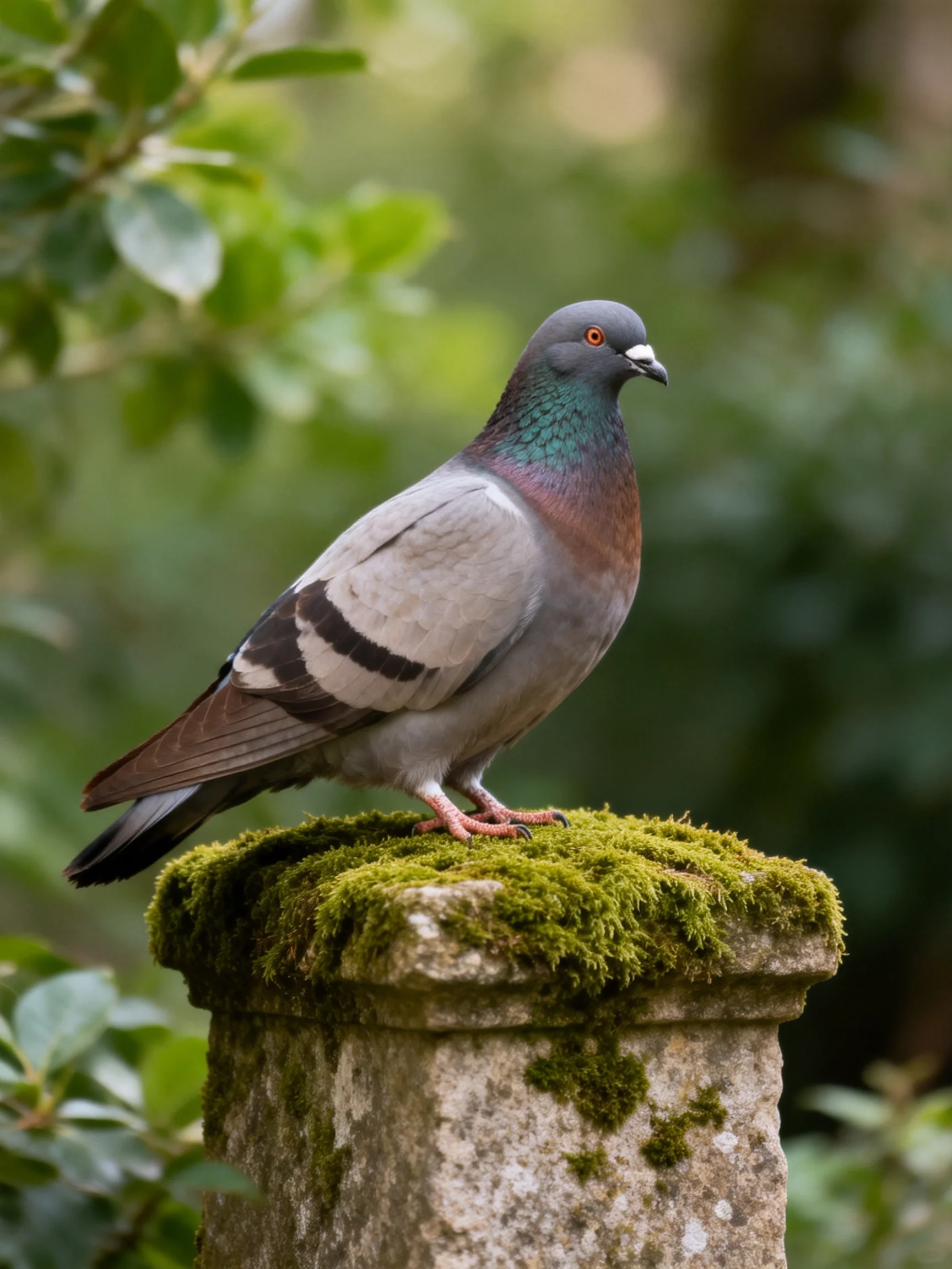 A colorful pigeon perches on a moss-covered stone pedestal