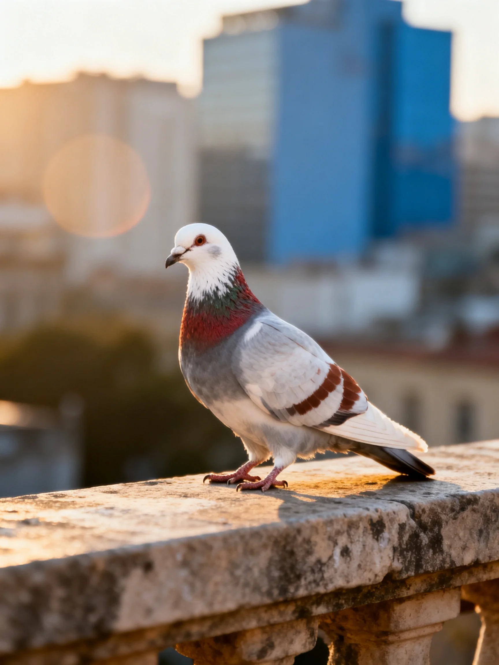 A colorful pigeon perches on a weathered stone ledge by city buildings